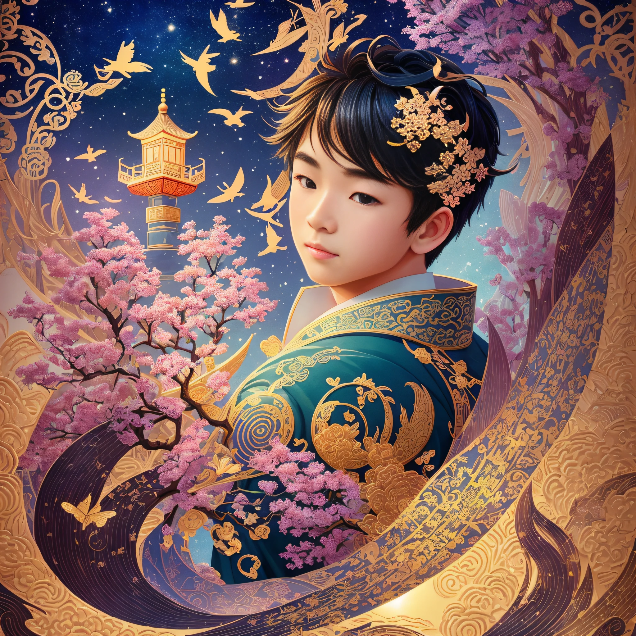 Multidimensional paper cut craft, paper illustration, Chinese illustration, cute boy + curved elements, aesthetic, Chinese tradition, Thomas Kinkade, dream, 8K, romance, fashion trends on Artstation, colorful vanilla oil, 3d relief, --ar 3:4 --q 2 --s 750 --v 5