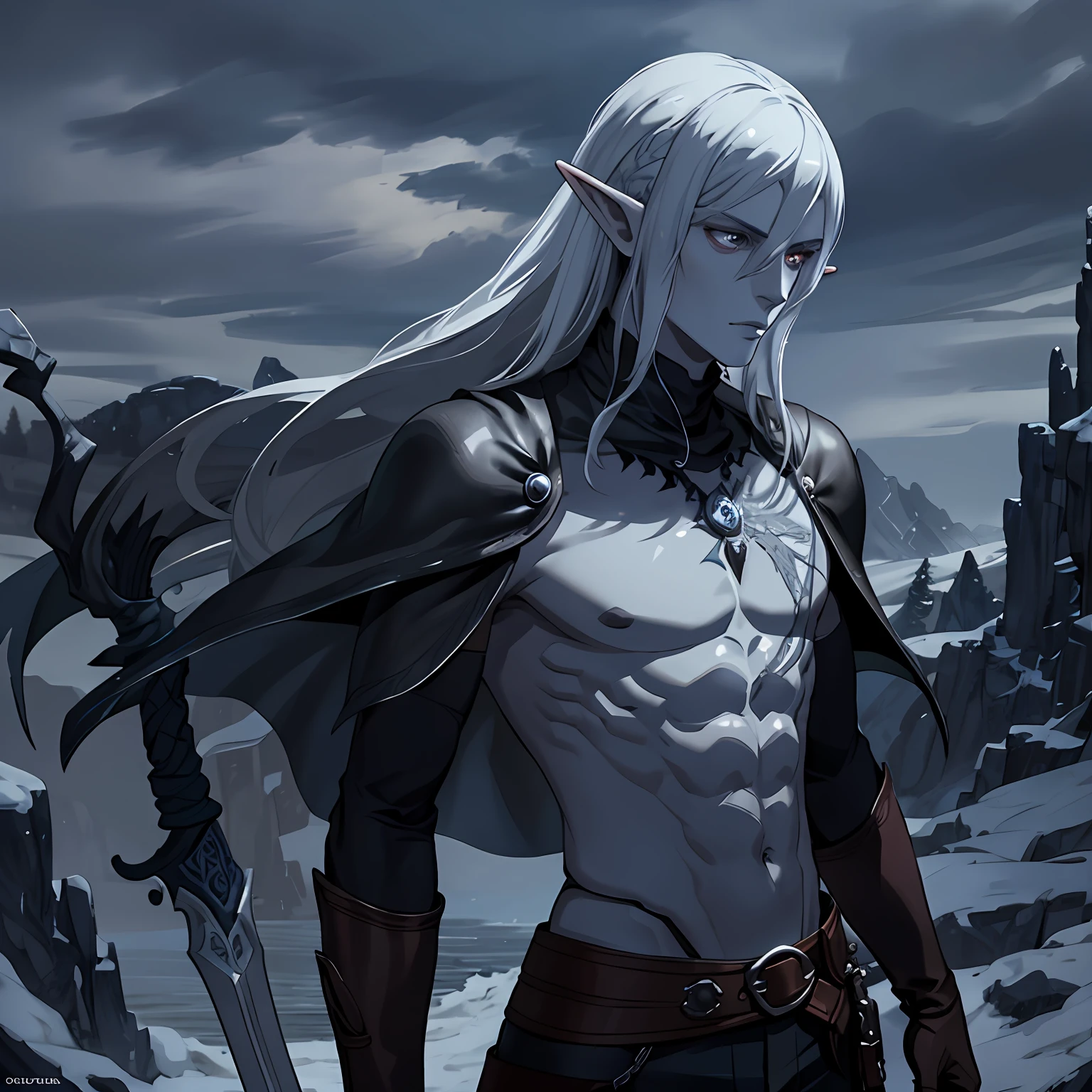 Draw a man elf drow on the hill with great ruby-encrusted magic sword in his back, 
 , black leather jacket, berserk reference, details artwork, 8k, masterpiece, art station, under the silver moon, full landscape shows, masculinity, barbarian class D&D, grey paled skin, Eye iris red and defiant, beautiful hair,