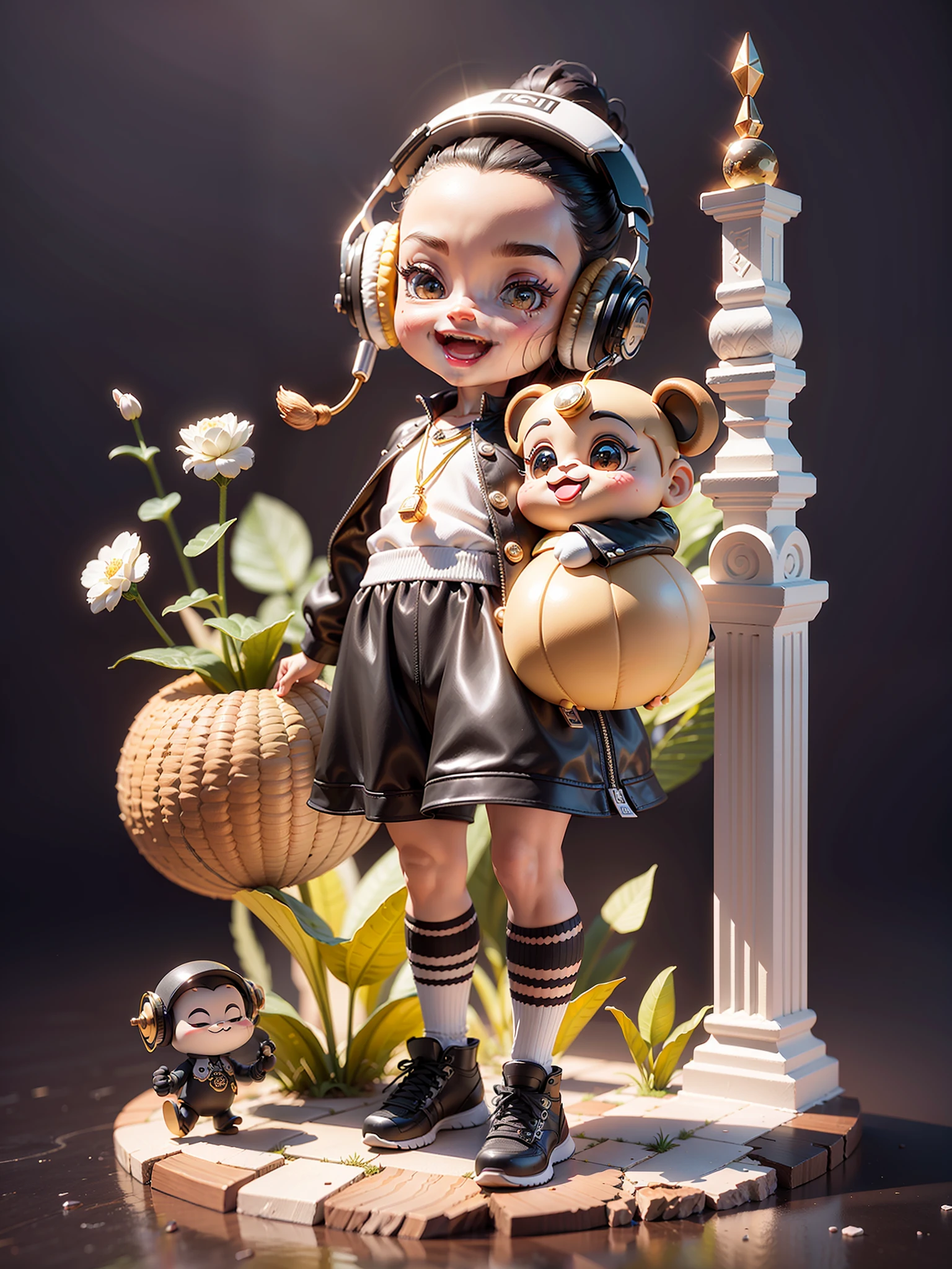 (Masterpiece), (Excellent), (Ultra Detailed), (Full Body: 1.2), (Solitary), Black Theme, Ape Magician, Delicate Monkey Head Head, Cute, Open Mouth, Smile, Headphones, Monkey Hair Texture, Popmart Blind Box, Clay Texture, Stepping on Earth, Black and White Background, Natural Light, Best Quality, Hyperdetail, 3D Art, C4D, OC Renderer, 3D Rendering, 8k