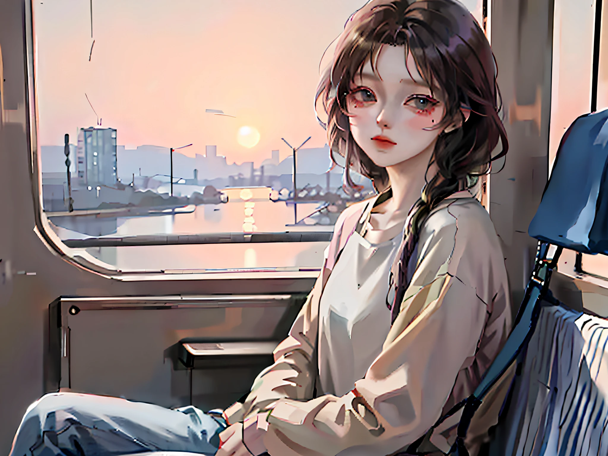 anime girl sitting on a train looking out the window, lofi portrait at a window, beautiful anime girl, lofi girl, beautiful anime portrait, lofi portrait, anime style. 8k, portrait anime girl, cute anime girl, high quality portrait, artwork in the style of guweiz, realistic cute girl painting, attractive anime girl, pretty anime girl