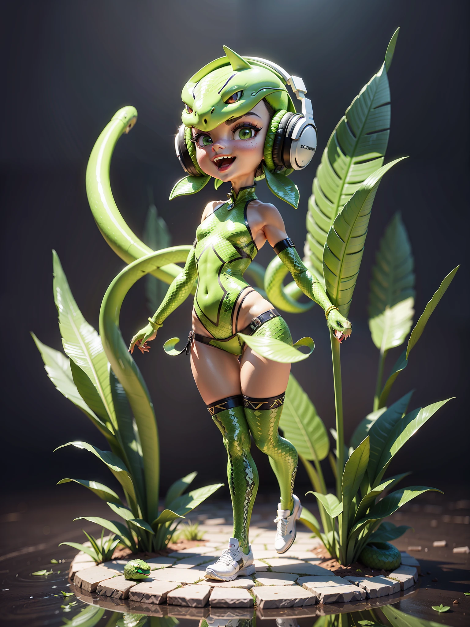 (Masterpiece), (Excellent), (Ultra Detailed), (Full Body: 1.2), (Solitary), Green Theme, Viper Magician, Delicate Snake Head Head, Cute, Open Mouth, Smile, Headphones, Snakeskin Texture, Popmart Blind Box, Clay Texture, Stepping on Earth, Black and White Background, Natural Light, Best Quality, Ultra Detail, 3D Art, C4D, OC Renderer, 3D Rendering, 8K