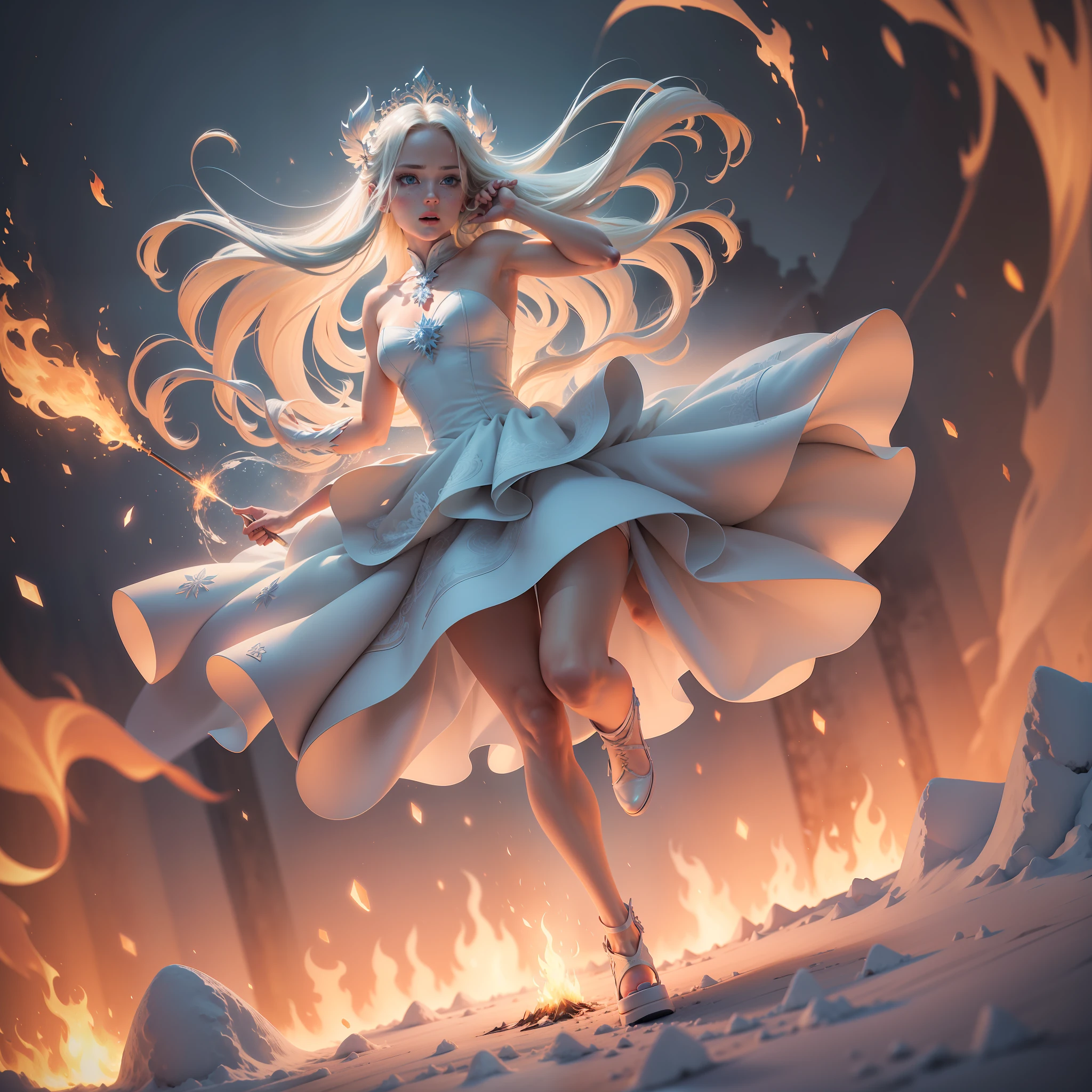 bolnd hair, white skin, blue eyes, white flowing dress, white elegant shoes, fire, snow, blond girl with white dress is jumping over a fire, the girl is melting from the fire, melting, disintegrating, dynamic, realistic, photography, detailed skin, blonde hair, long hair, hair spread out, scared, depth of field, cinematic lighting, chromatic aberration, sparkle, glowing light, optical illusion, high detail, Hyperrealism, UHD, masterpiece, ccurate, anatomically correct, textured skin, super detail, high details, high quality, award winning, best quality, highres, 1080P, HD, 16k