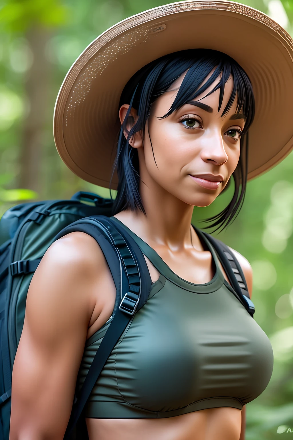 Tamara taylor, our adventurous lady embarks on a hiking trail. She wears a very wide soaked croptop over her round breasts, under which her are visible. She wears a short black miniskirt and sturdy hiking boots. Her perfect butt is clearly visible under the miniskirt. A wide-brimmed hat protects her from the sun's rays, and a backpack is strapped around her shoulders that contains the most important supplies for the trip. With a determined and agitated expression on her face, she navigates through a lush forest surrounded by towering trees and the sounds of nature. Her eyes sparkle with anticipation as she embarks on a day of exploration and adventure. (Masterpiece:1.2) (photorealistic:1.2) (Bokeh) (best quality) (intricate details) (8K) (High Poly) (Raytracing) (Cinema Lighting) (Sharp Focus) (Detailed Face) (Detailed Pupils)