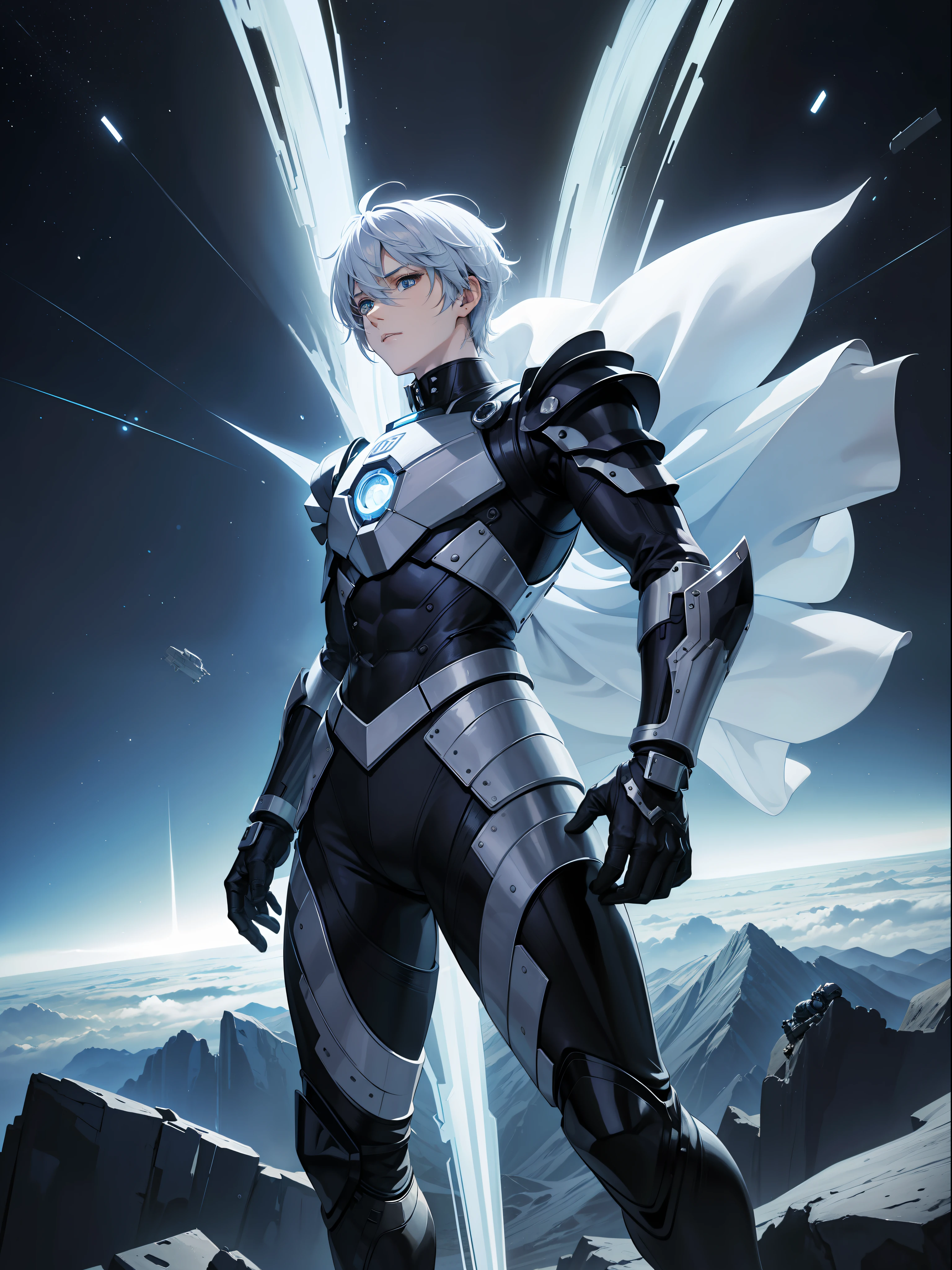 (Full body photo: 1.5), (A/man/Mechanical: 1.5), (All mechanical bodies: 1.5), (with bionic armor: 1.5), white and black gears, (He sees outer space inside a spaceship near the window: 1.5), Lawyer of the Future World, (He has short undercut: 1.3), (Blue eyes: 1.3), (Anime style, anime, 16k, high quality, textured leather, UHD, award-winning)