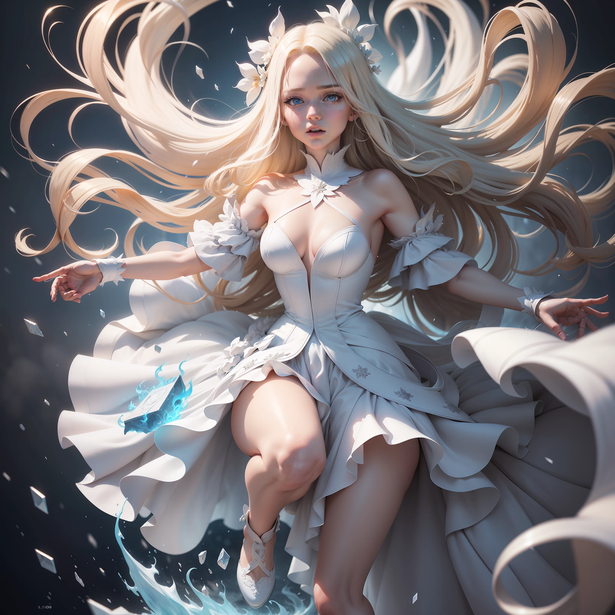 bolnd hair, white skin, blue eyes, white flowing dress, white elegant shoes, fire, snow, blond girl with white dress is jumping over a fire, the girl is melting from the fire, melting, disintegrating, dynamic, realistic, photography, detailed skin, blonde hair, long hair, hair spread out, scared, depth of field, cinematic lighting, chromatic aberration, sparkle, glowing light, optical illusion, high detail, Hyperrealism, UHD, masterpiece, ccurate, anatomically correct, textured skin, super detail, high details, high quality, award winning, best quality, highres, 1080P, HD, 16k
