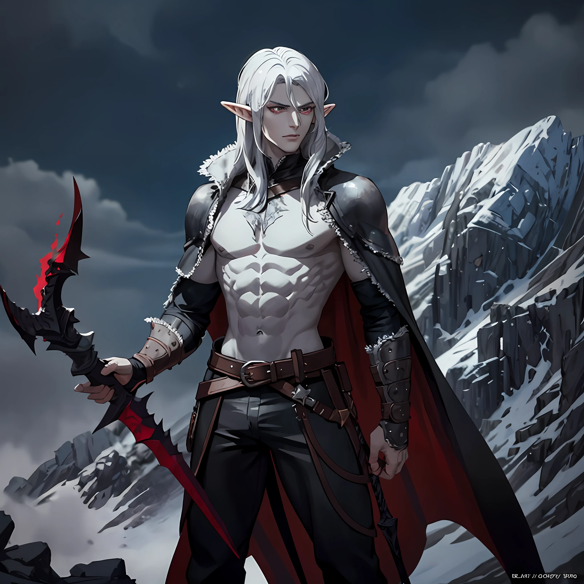 Draw a man elf drow on the hill large physical size, silver hair, red and defiant eyes, 
bare chest, black leather jacket, berserk reference, extremely strong, two meters tall, extremely large dragon slayer berserk style sword encrusted in rubies in his back, details artwork, 8k, masterpiece, art station, under the silver moon, full landscape shows, masculinity, barbarian class D&D, role playing game character.