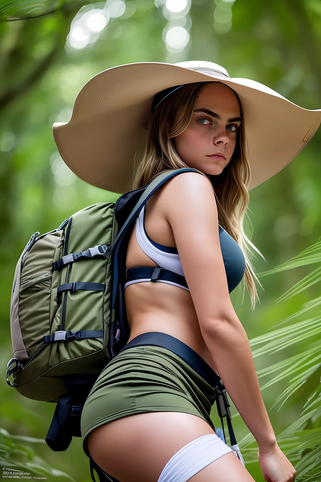 Cara delevingne, Our adventurous lady embarks on a hiking trail. She wears a very wide soaked croptop over her round breasts, under which her are visible. She wears a short black miniskirt and sturdy hiking boots. Her perfect butt is clearly visible under the miniskirt. A wide-brimmed hat protects her from the sun's rays, and a backpack is strapped around her shoulders that contains the most important supplies for the trip. With a determined and agitated expression on her face, she navigates through a lush forest surrounded by towering trees and the sounds of nature. Her eyes sparkle with anticipation as she embarks on a day of exploration and adventure. (Masterpiece:1.2) (photorealistic:1.2) (Bokeh) (best quality) (intricate details) (8K) (High Poly) (Raytracing) (Cinema Lighting) (Sharp Focus) (Detailed Face) (Detailed Pupils)