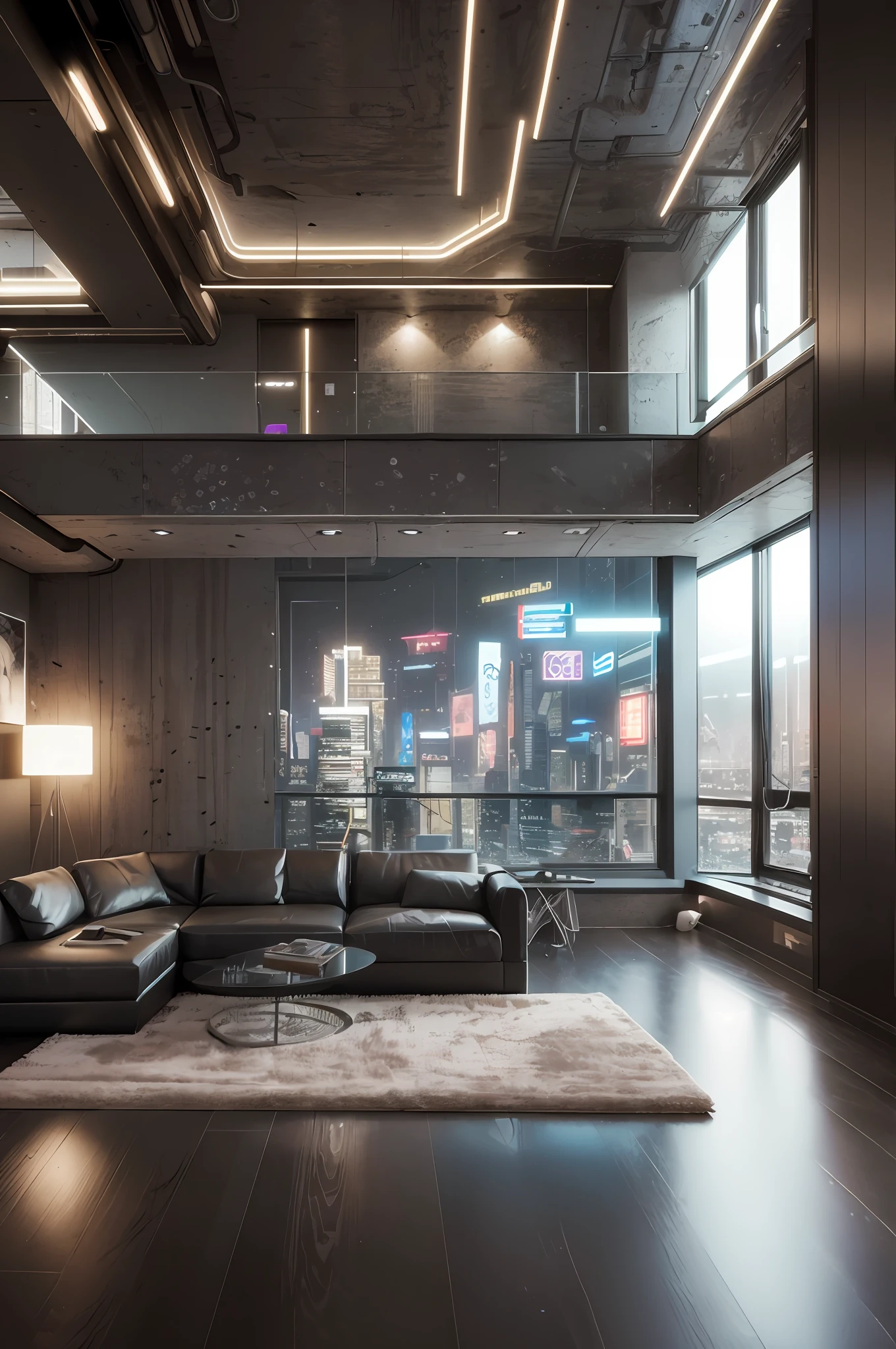 there is a living room with a view of the city at night, the cyberpunk apartment, cyberpunk apartment, dystopian city apartment, cyberpunk atmosphere, cyberpunk setting, relaxing concept art, 3 d render beeple, cyberpunk interior, cyberpunk art ultrarealistic 8k, 8 k high detail concept art, bladerunner apartment, cyberpunk blade runner art, blade runner vibes --auto --s2
