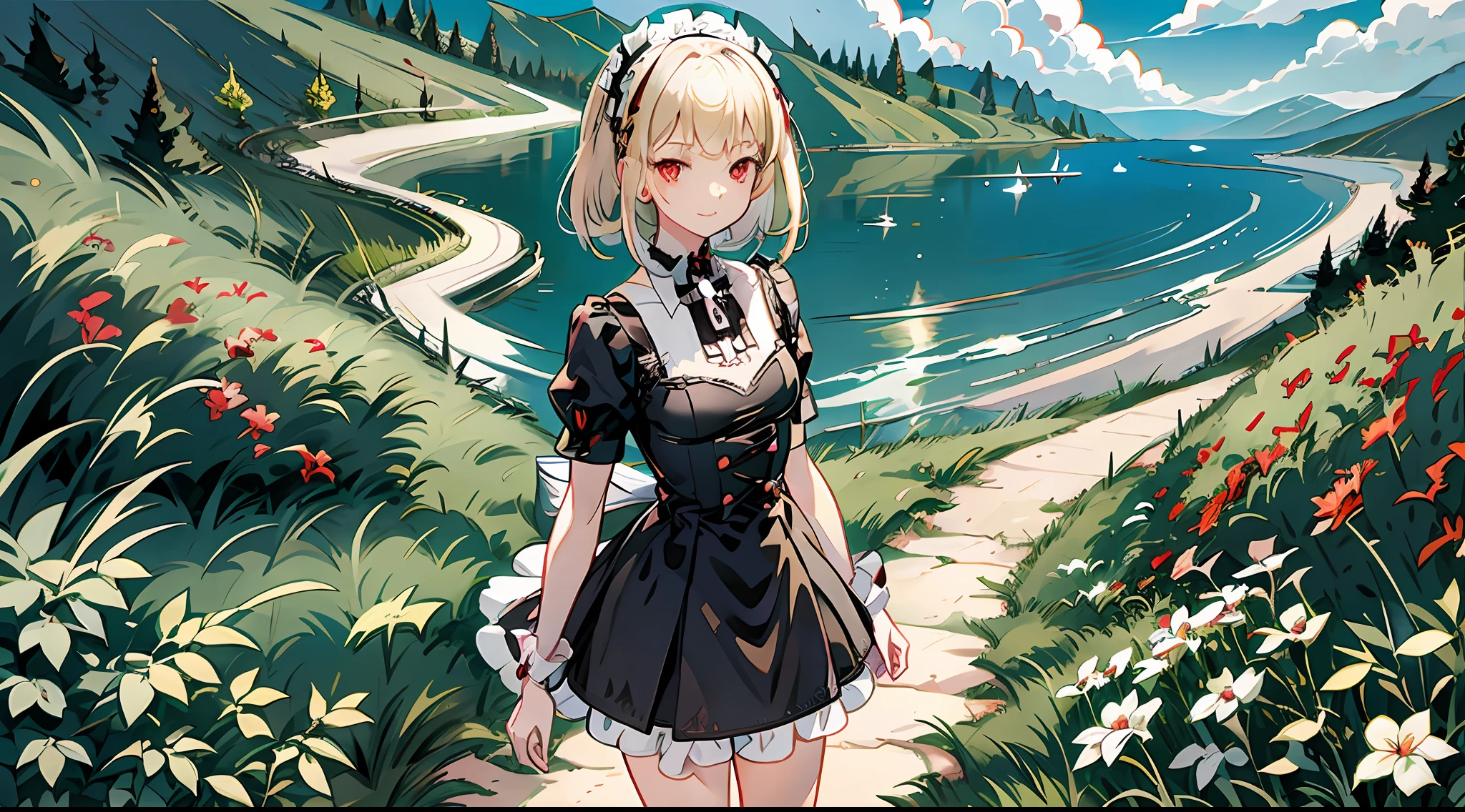 Meadow with sea view, anime characters looking back here, delicate touch, blonde, short hair red glowing eyes, shining red eyes, shining eyes, cute girl anime visual, gwise on pixiv art station, anime girl in black dress, gwise on art station pixiv, portrait of anime girl, anime style portrait, digital anime illustration, Demon Slayer Louis Fan Art
