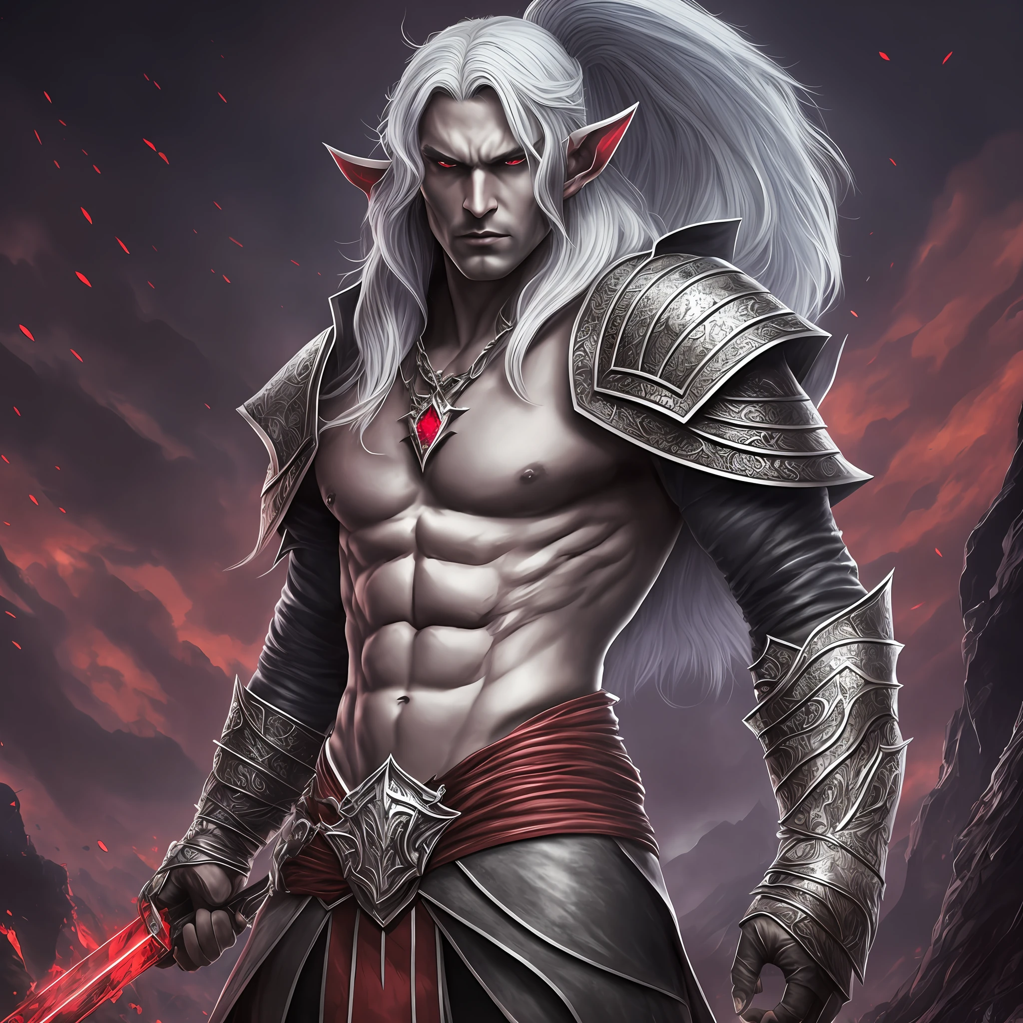 Draw a drow elf race man RPG character, over the hill, large physique, silver hair, irises of red and defiant eyes, bare chest, long black leather jacket, berserk reference, extremely strong, two meters tall, Sword giant of Guts encrusted in rubies in his right hand, art details, 8k, masterpiece, art station, under the red moon, shows fantastic full landscape, masculinity, epic drawing. --auto --s2