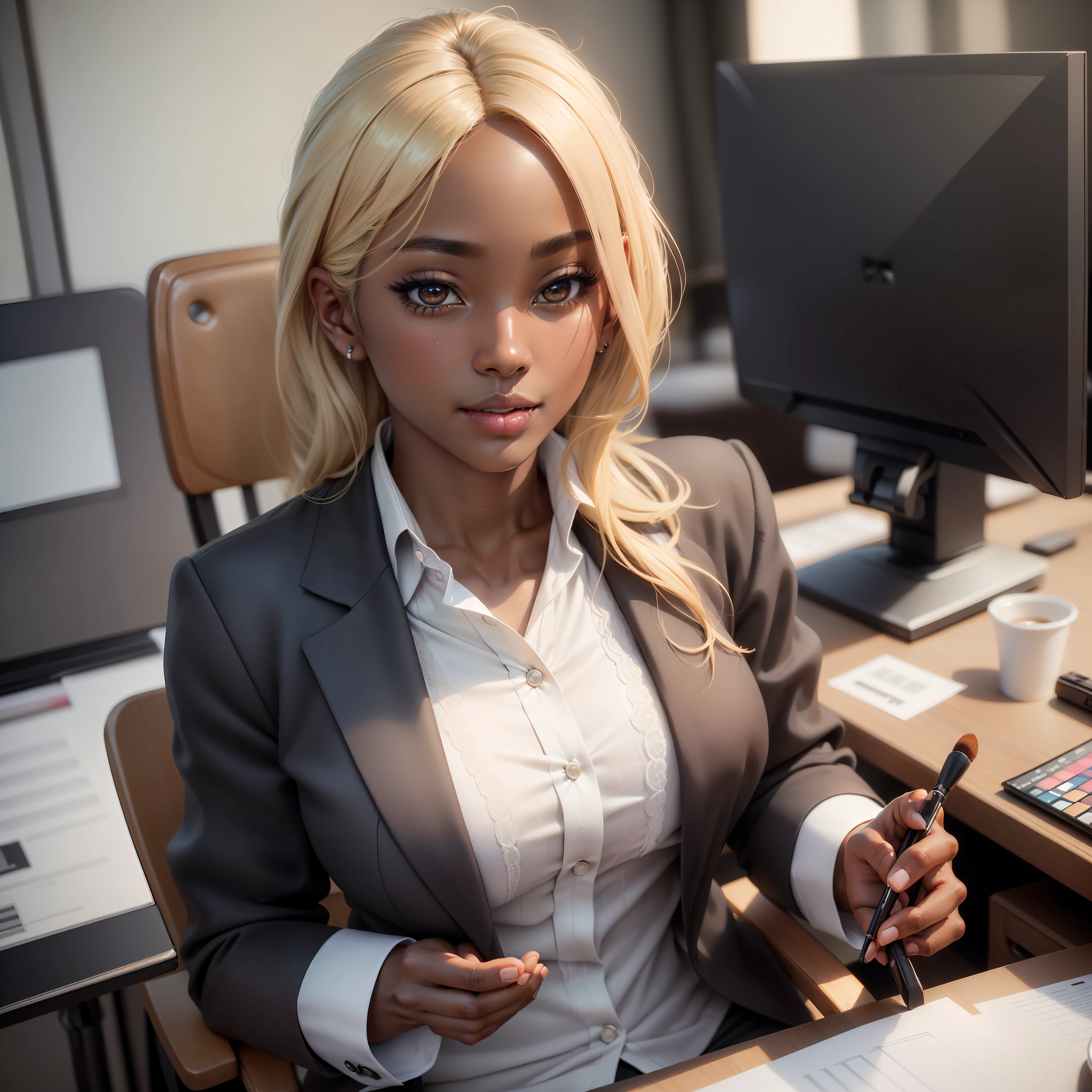 best quality, masterpiece, ultra high res, (photorealistic:1.8), detailed skin, dark skin, natural breasts, beauty Japanese gal, blonde hair, beautiful detailed eye, business suit and white shirt, makeup, lipstick, mascara, eyeshadow, smile, sitting chair and working at office, perfect detailed fingers