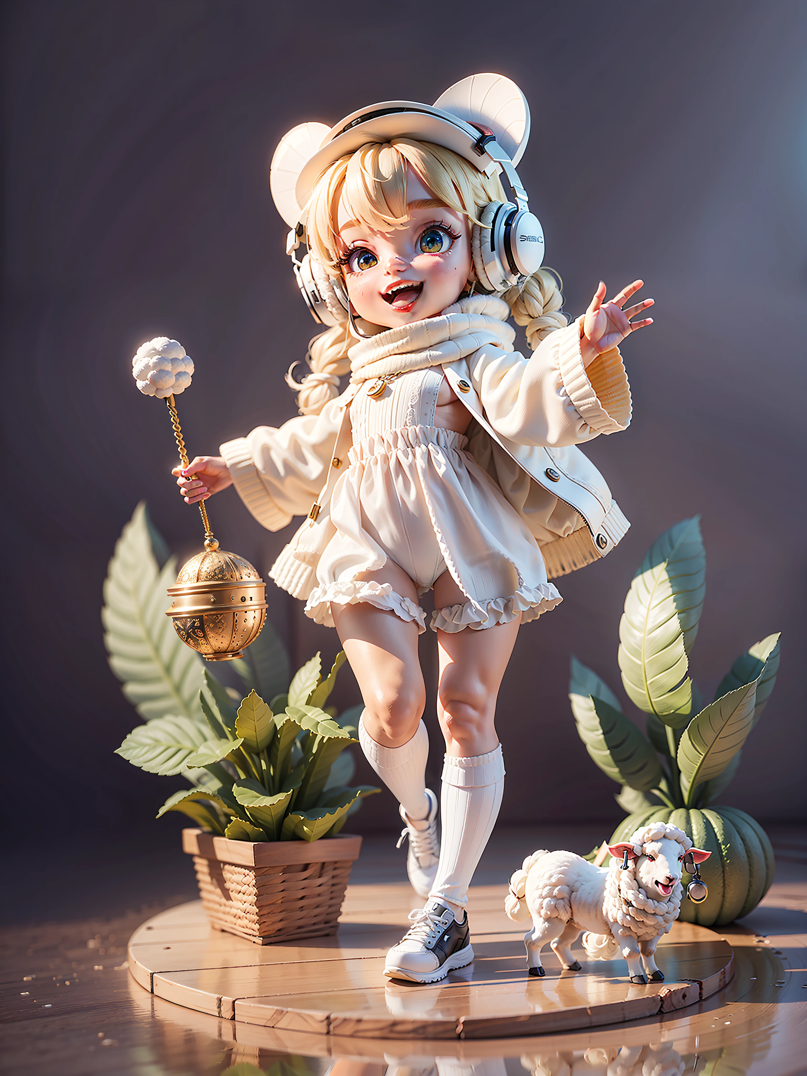 (Masterpiece), (Excellent), (Ultra Detailed), (Full Body: 1.2), (Solo Body), White Theme, Sheep Magician, Cute, Open Mouth, Smile, Headphones, Wool Texture, Popmart Blind Box, Clay Texture, Stepping on Earth, Black and White Background, Natural Light, Best Quality, Ultra Detail, 3D Art, C4D, OC Renderer, 3D Rendering, 8K