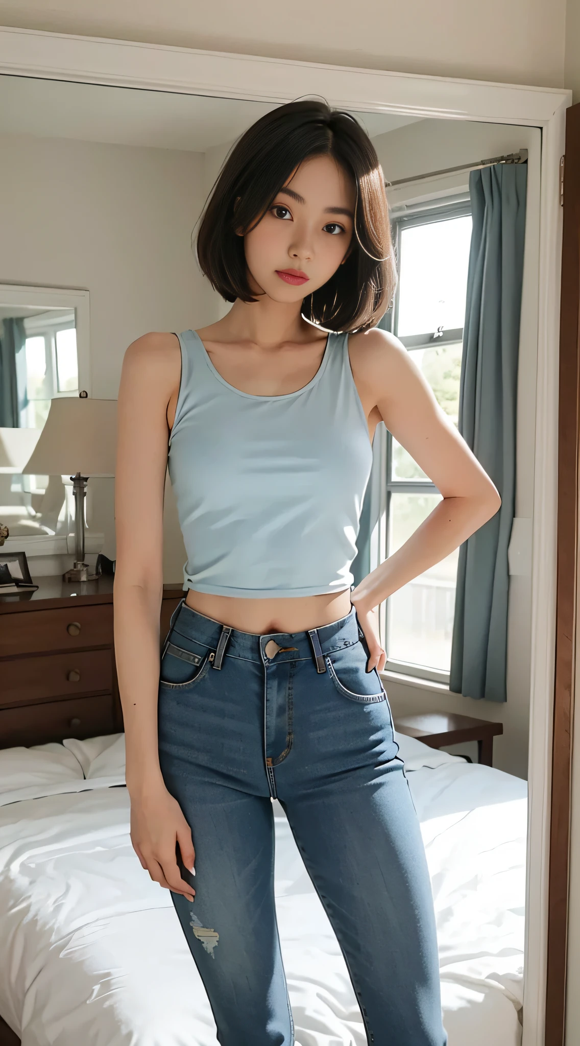 Clean bedroom, mirror, top, ladies tank top, lower body, denim trousers