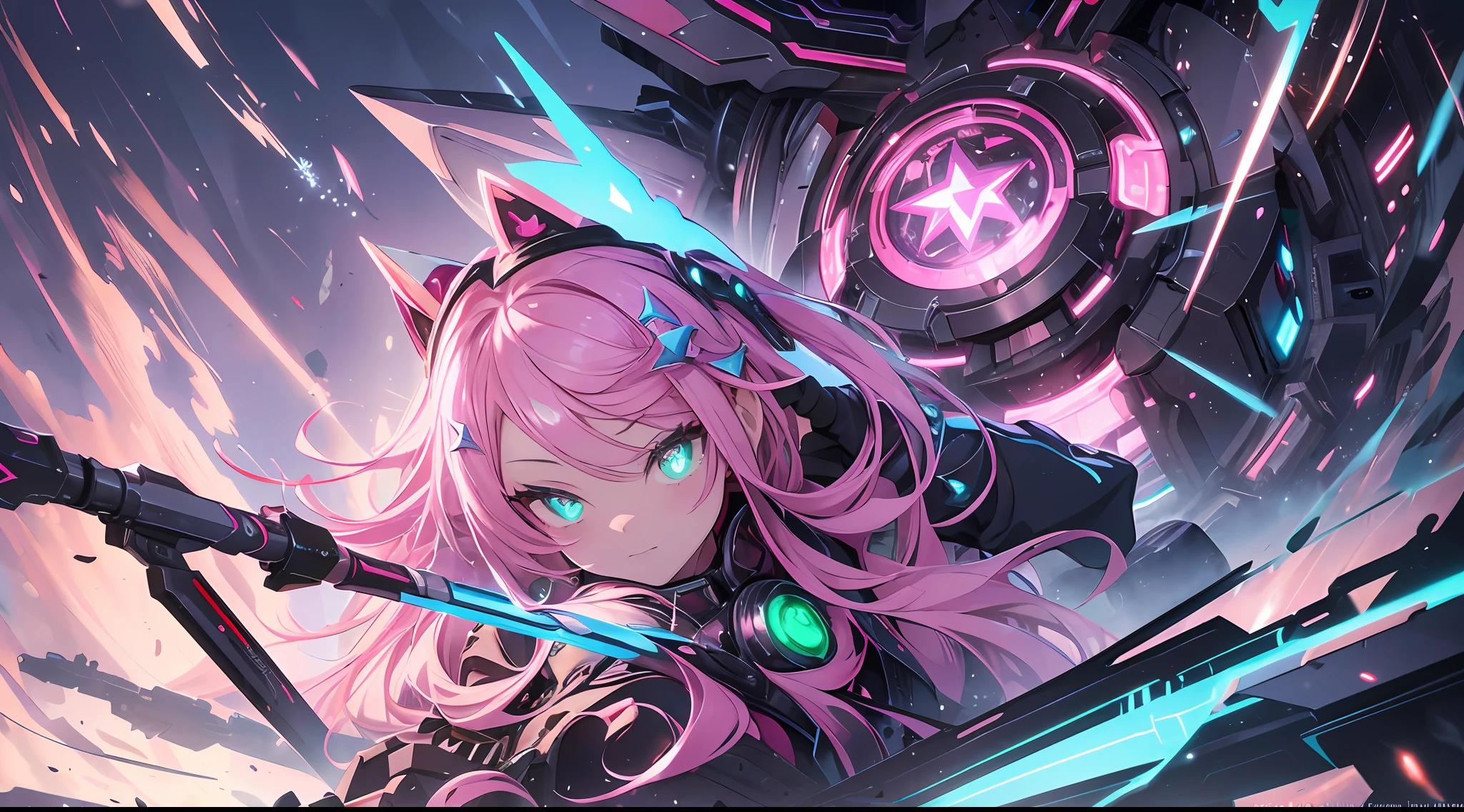 Sleeping ((Masterpiece)))) Full Body, Full Body Shot (One Girl) ((Pink Hair, Long Hair, Straight Hair, Both Sides Up))), ((Green Eyes))), Eyeshadow, Eyeliner, Glow Eye, Hyper Detail Eye, Complex Eyes, Beautiful Eyes, Detailed Eyes, (((Star-shaped pupils, glowing pink pupils))) 18-year-old girls. Huge cool weapon machine in hand (wearing a transparent jacket made of PVC material)) huge cool weapon machine, mech, mechanism, machine, open stance, sleep