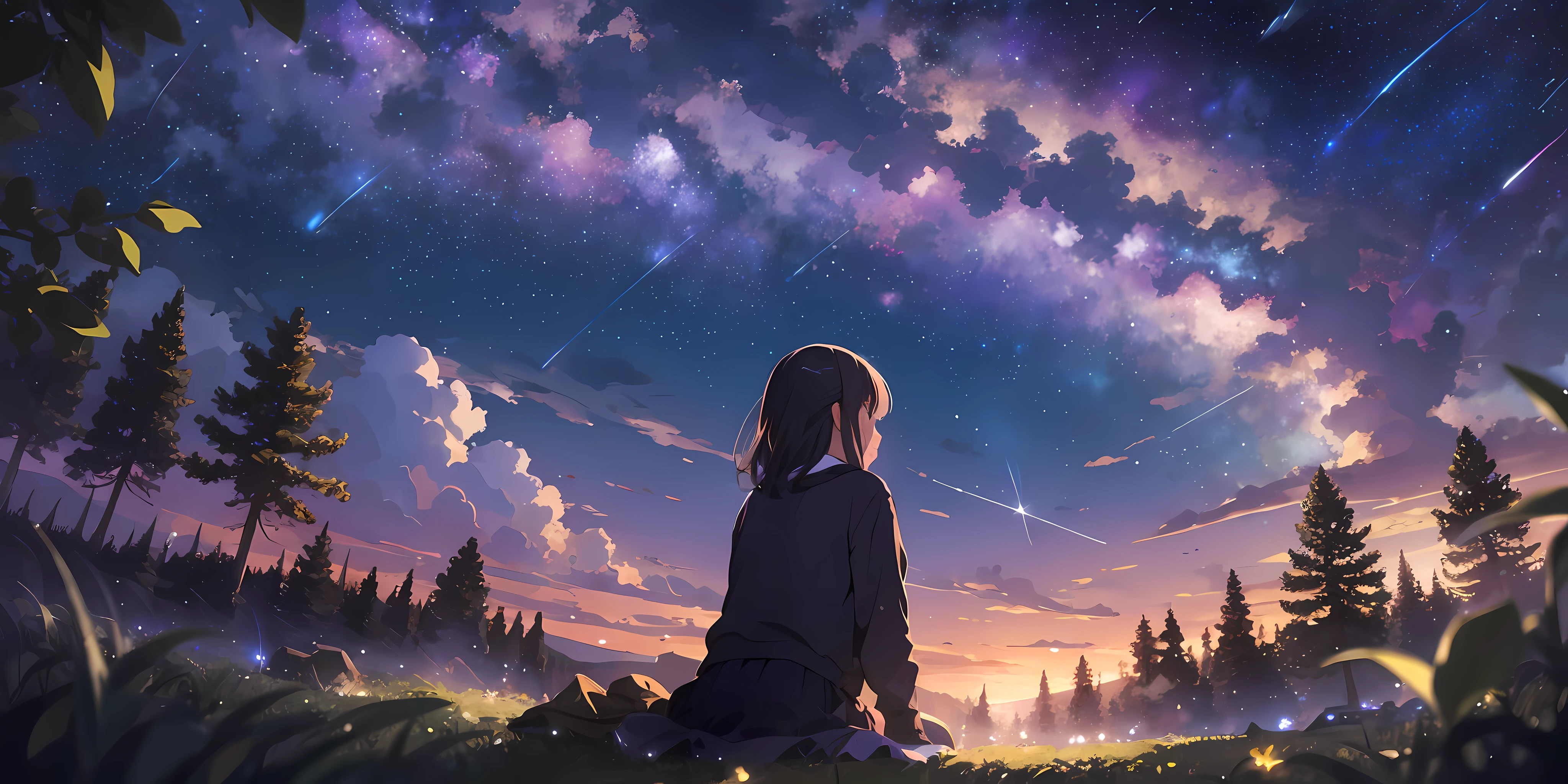 1girl sitting on a hill and looking up at a vibrant night sky of shooting stars, forest, moody, facing away, astrophotography, atmospheric moonlight, highres, distant city