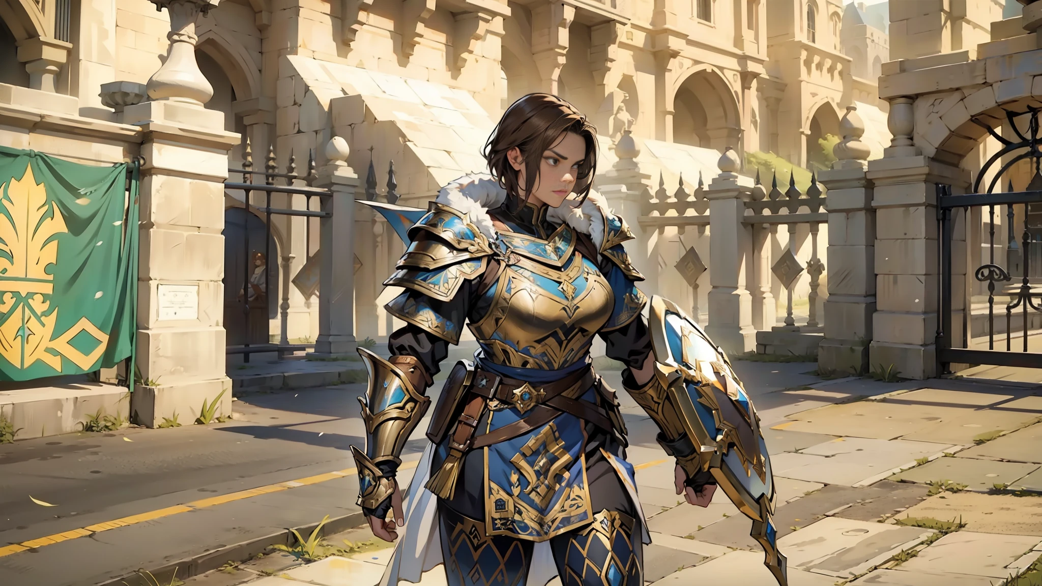 Woman, square-shaped face, looking at the direct, serious, short brown hair, wearing epic armor, holding a royal shield,