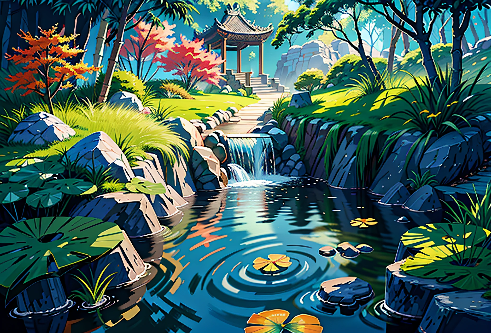 Ancient Chinese architecture, moon, midnight, garden, bamboo, lake, stone bridge, rockery, arch, corner, tree, running water, landscape, outdoor, waterfall, grass, rock, water lily, hot spring, water vapor, (Illustration: 1.0), Epic Composition, Realistic Lighting, HD Details, Masterpiece, Best Quality, (Very Detailed CG Unity 8k) --v 6