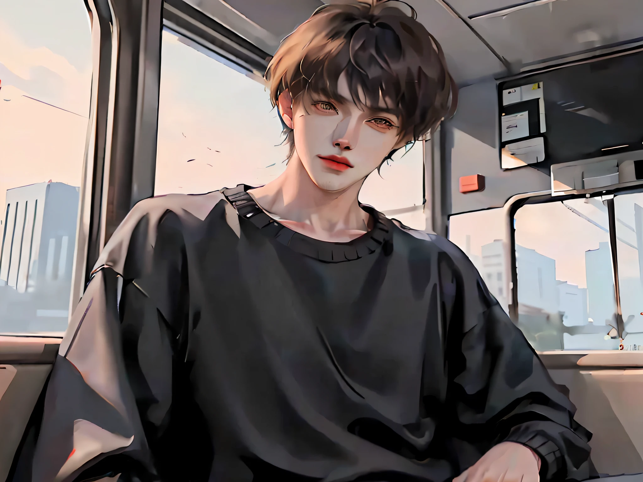 there is a man sitting in a bus with a black shirt, artwork in the style of guweiz, realistic anime artstyle, inspired by Yanjun Cheng, anime realism style, male anime style, anime style. 8k, high quality anime artstyle, semirealistic anime style, male ulzzang, realistic anime art style, guweiz, realistic artstyle