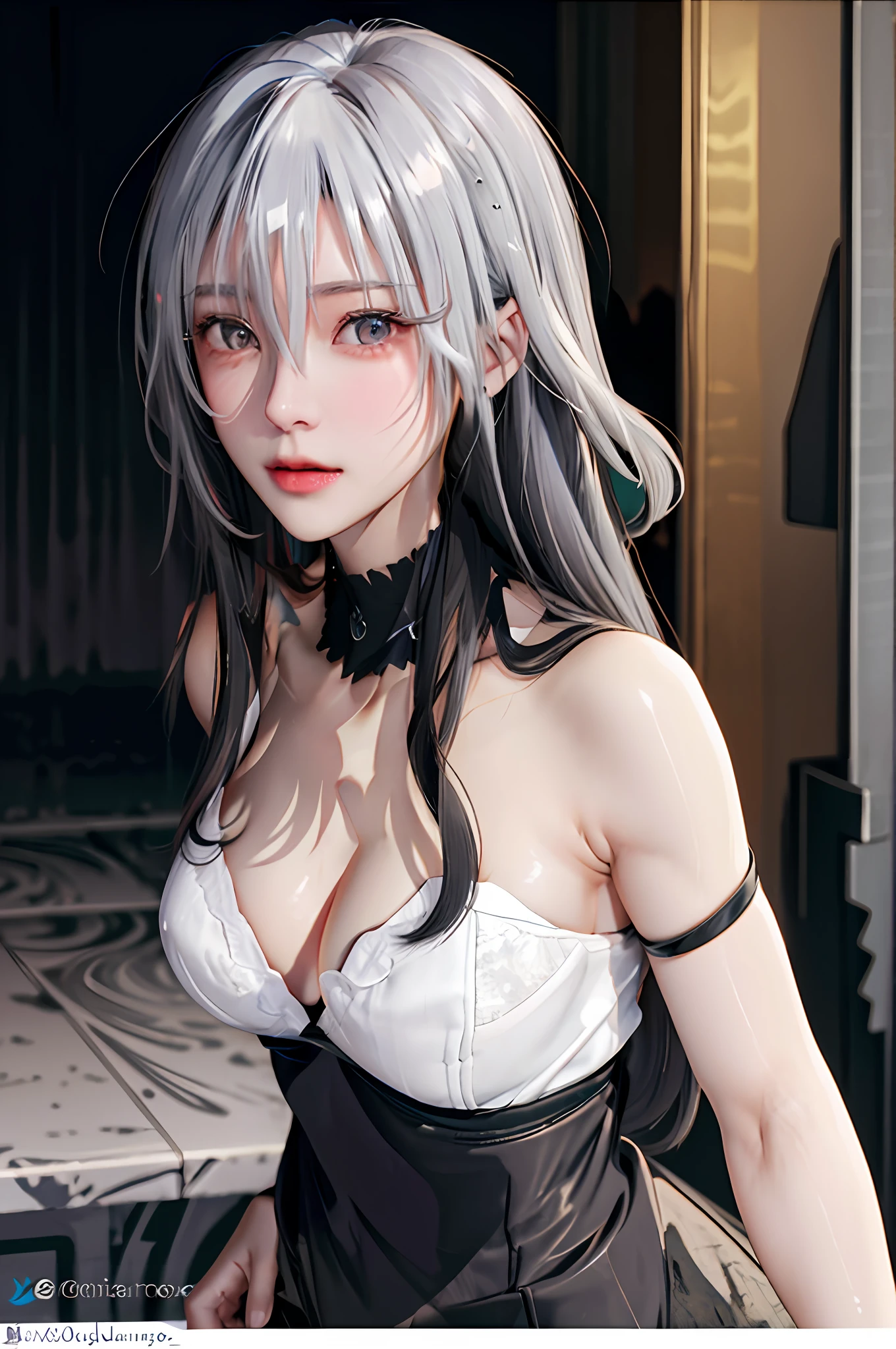 ((Top Quality)), ((Masterpiece)), (Details: 1. 4), 3D, image of a woman in a beautiful black turtleneck, HDR (High Dynamic Range), ray tracing, NVIDIA RTX, super resolution, Unreal 5, sub-surface scattering, PBR textures, post-processing, anisotropic filter Rings, depth of field, very clear and sharp images, multi-layer textures, albedo and specular maps, surface shading, accurate simulation of light-matter interaction, perfect proportions, octane rendering, two-tone lighting, two-tone effects Two-tone lighting, wide aperture, low ISO, white balance, tri-section, low ISO, White Balance, Tri-Section, 8K RAW, Long Eyelashes, 1 Girl, Cute, Young, Adult Face, Japanese Woman, (bangs, silver hair, white hair_between_eyes, medium hair: 1. 2) Realistic Face, Realistic Body, (Master's) Realistic Face, (Master's) Realistic Body, (Master's) realistic body, (Master's) realistic body, (Zentangle: 1. 2), negative space, Tyndall effect, bright background, (white background: 1. 5), (full body), glowing skin, glowing hair, vivid color, absurd, high-res, super detailed, landscape Color, Absurd, Hi-Res, Ultra-Detailed,