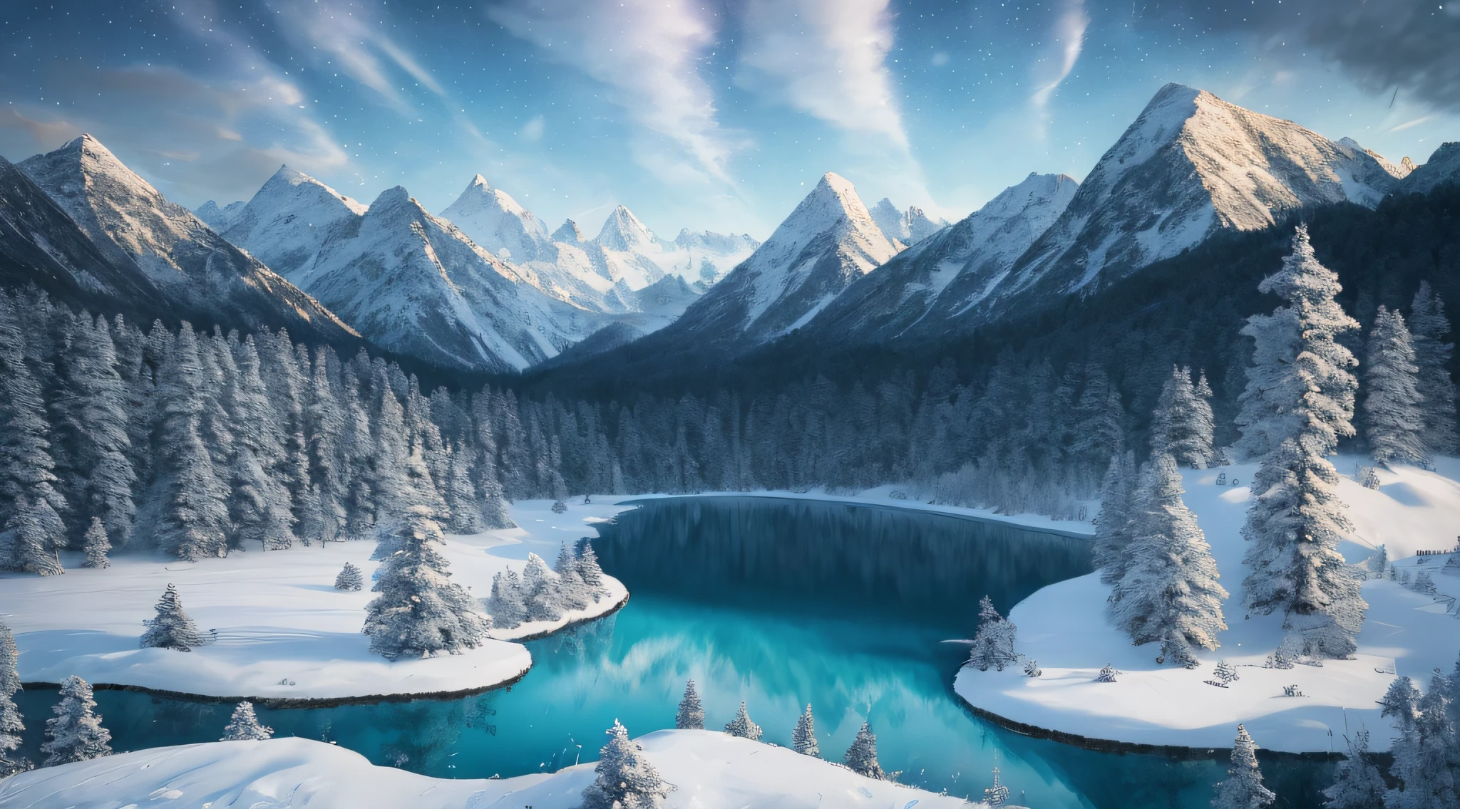 Spring, [forest], snowy mountains in distance, (whale), snowy land, turquoise blue lake, mysterious, evening, soft light, romance, thin clouds, [plum blossoms: 0.5], stars, dramatic starry sky, award winning photography, Bokeh, Depth of Field, HDR, bloom, Chromatic Aberration ,Photorealistic, extremely detailed, trending on artstation, trending on CGsociety, Intricate, High Detail, dramatic, art by midjourney, masterpiece, best quality, high quality, extremely detailed CG unity 8k wallpaper, unreal engine render, realistic, Aesthetic