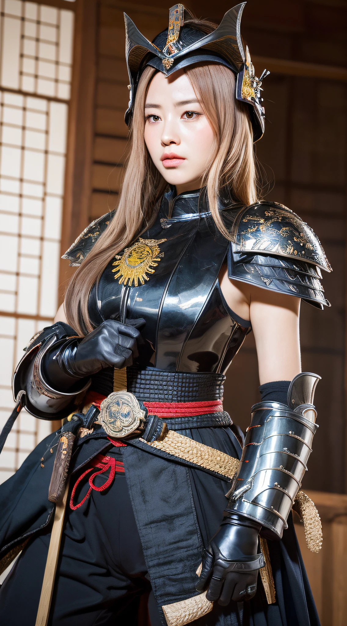 (8k high quality masterpiece, sexy female G cup 1 person: 1.3, black perspective: 1.1, ultra detailed face, double eyelids, transparent underwear, armor helmet, samurai, shogun, ronin, stroking chest, open leg), wearing helmet, cosplay, high leg, samurai, armor, armor, sword, Japan helmet, armor helmet, helmet celebration, oda nobunaga, Sengoku, warlord, Takeda Shingen, Date Masamune, samurai,