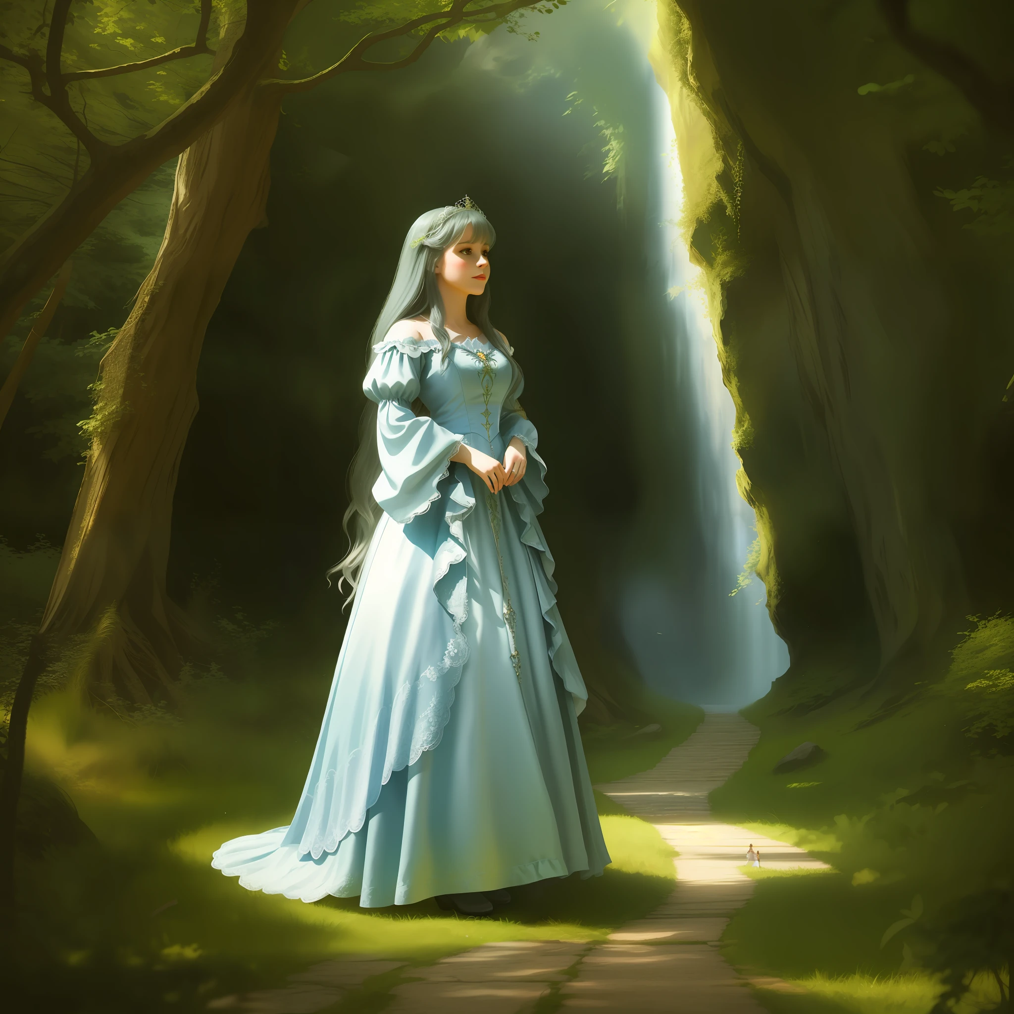 there is a beautiful woman in a white dress standing in front of a castle, detailed face, beautiful render of a fairytale, fantasy fairytale story, walking in a castle, romantic storybook fantasy, retro and fantasy style, standing near a castle, nostalgia for a fairytale, nostalgia of a fairytale, fairy tale style background, portrait of magical ta girl, fairytale style, fantasy photoshoot, cinematic, chiaroscuro