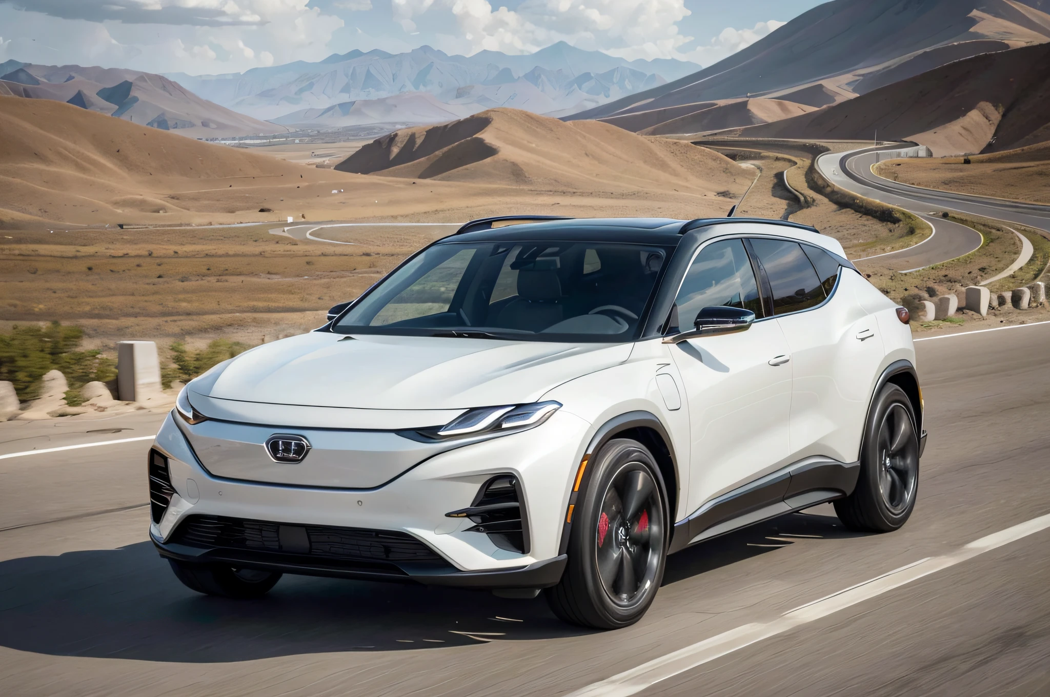 ray tracing, UHD, high quality, high detail, best quality, high resolution, 8k, a cool SUV, surrealism, electric car concept elements, noon, Tibetan plateau, motion blur, ultra wide angle, Eye-Level Shot.