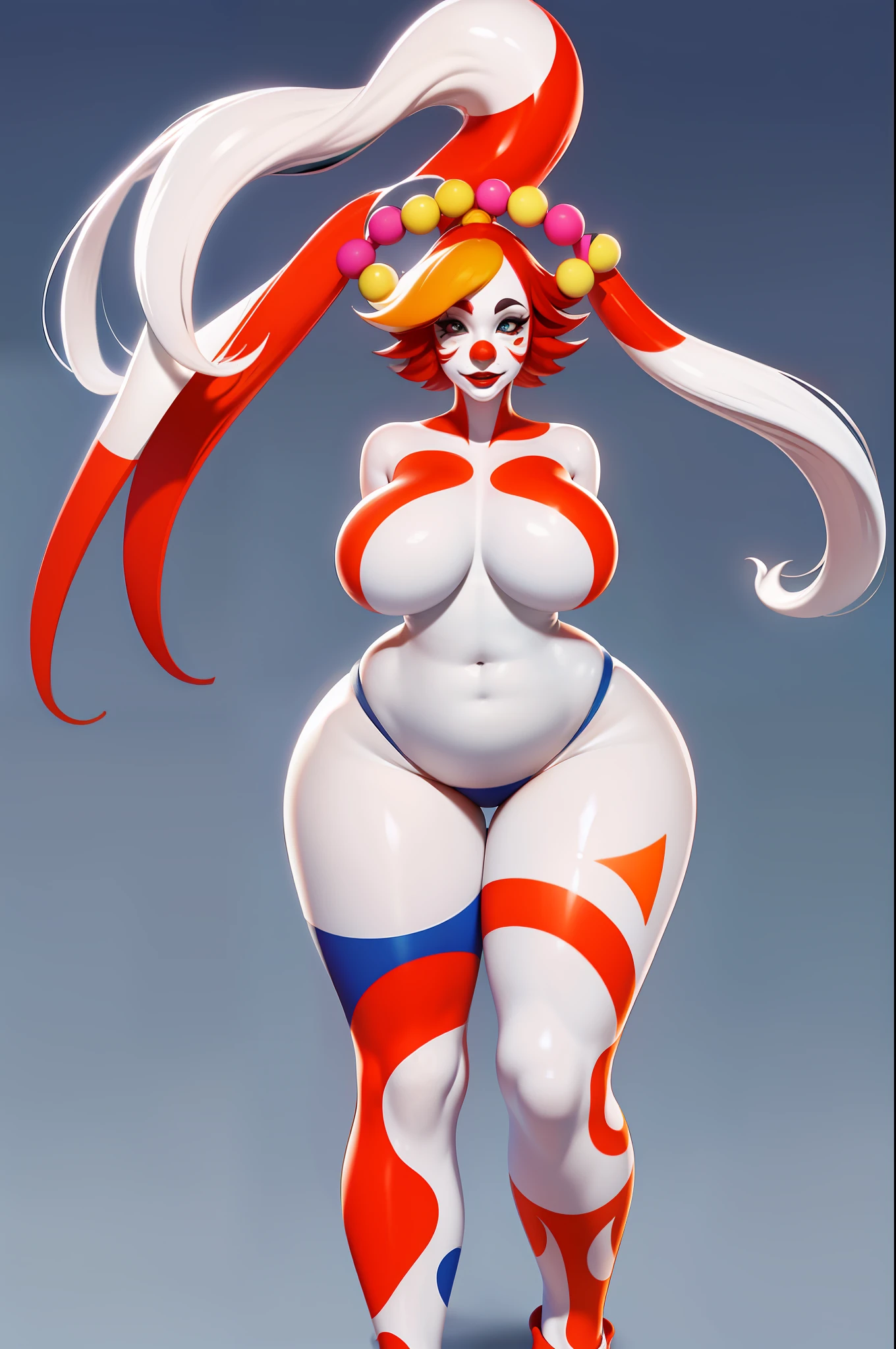 clussy, clown, white body, orange color scheme, spade tattoos, body markings, long hair, full body, 1girl, solo, sexy pose, pinup, voluptuous woman, small waist, thick thighs, wide hips, (gigantic breasts, huge breasts, hyperbreasts)