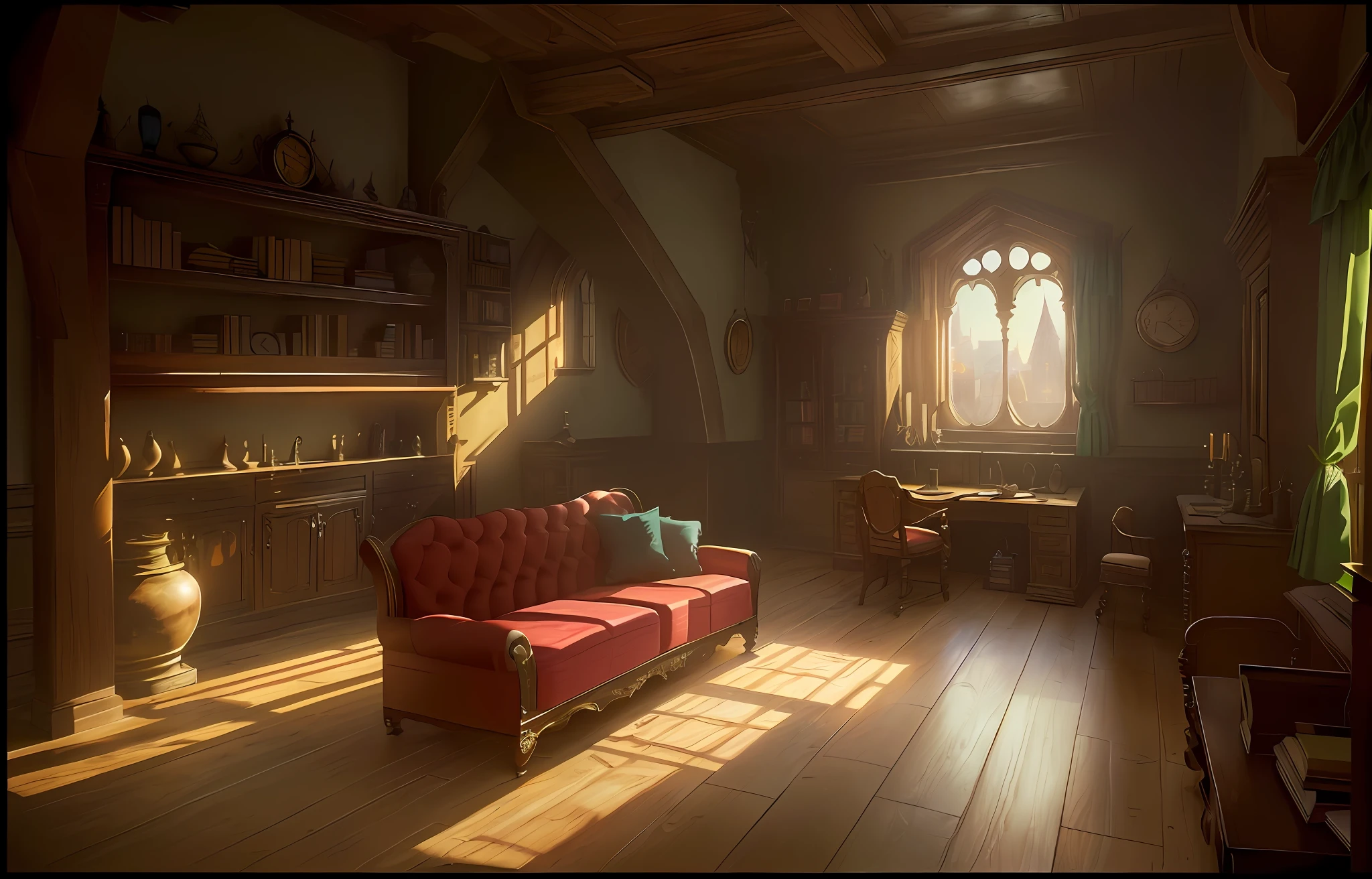 There is a room with table, chairs and bed, fantasy alchemist laboratory, 2D game environment design, alchemist library background, wizard laboratory, magic laboratory setting, indoor background art, pirate setting, mystery laboratory, alchemy laboratory, treasure planet color scheme, magic laboratory background, point-and-click adventure game, game environment design, background art, European wooden sofa, book on the table, a desk by the window, a chair, there is a European wooden sofa in the picture, There is a wooden bed next to the wall, there is only a cabinet on the left wall of the painting, there is a wooden bed on the left wall next to the wall, the wall can be seen next to the bed, there is only a desk by the window, there is only a chair next to the desk, and there is a window on the right,