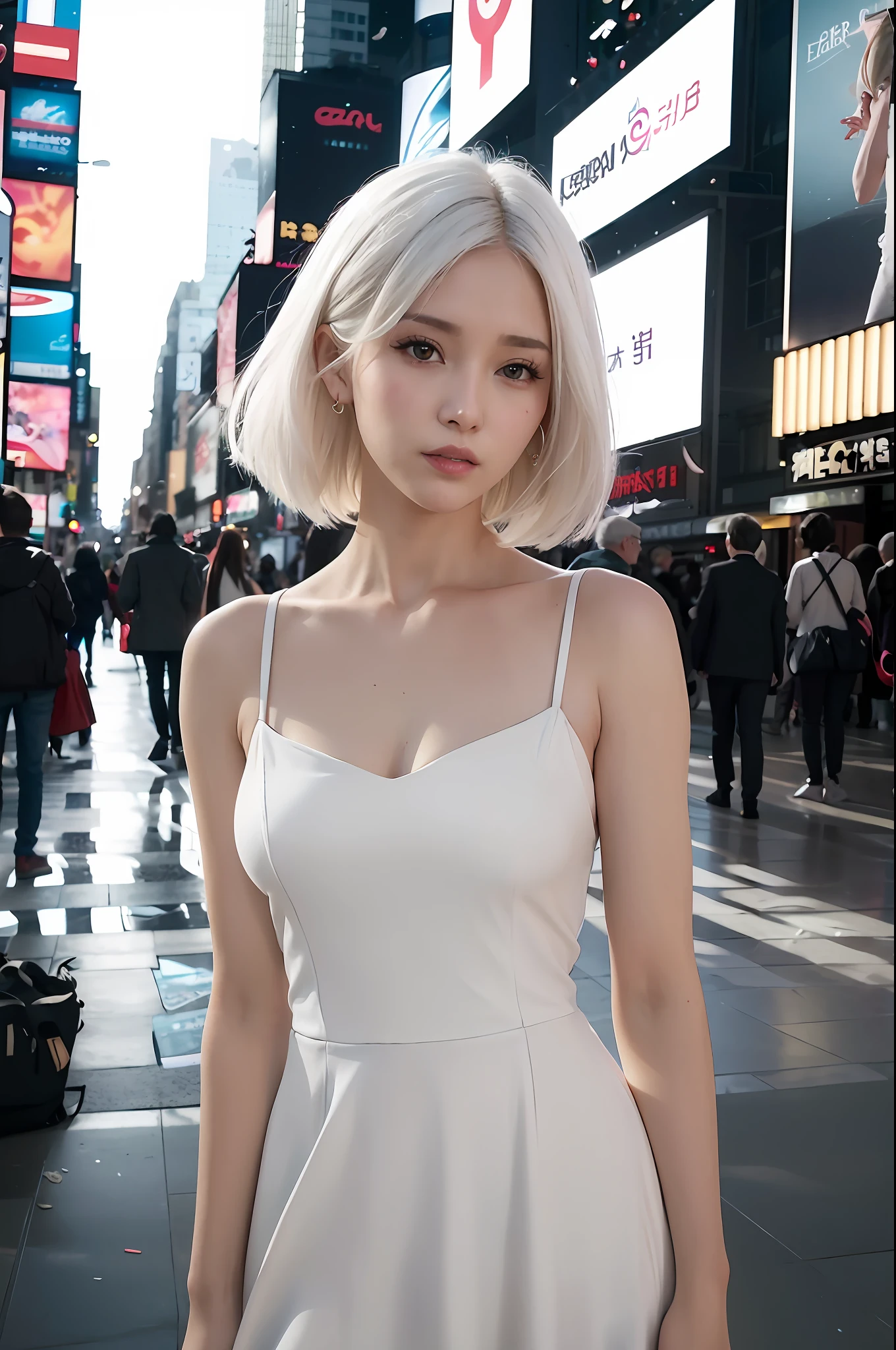 arafed woman in a white dress standing in a crowded city, white hime cut hairstyle, girl with short white hair, perfect white haired girl, with short bobbed white hair, girl with white hair, anime girl in real life, white short hair, her hair is white, beautiful south korean woman, with short hair, short white hair, korean girl