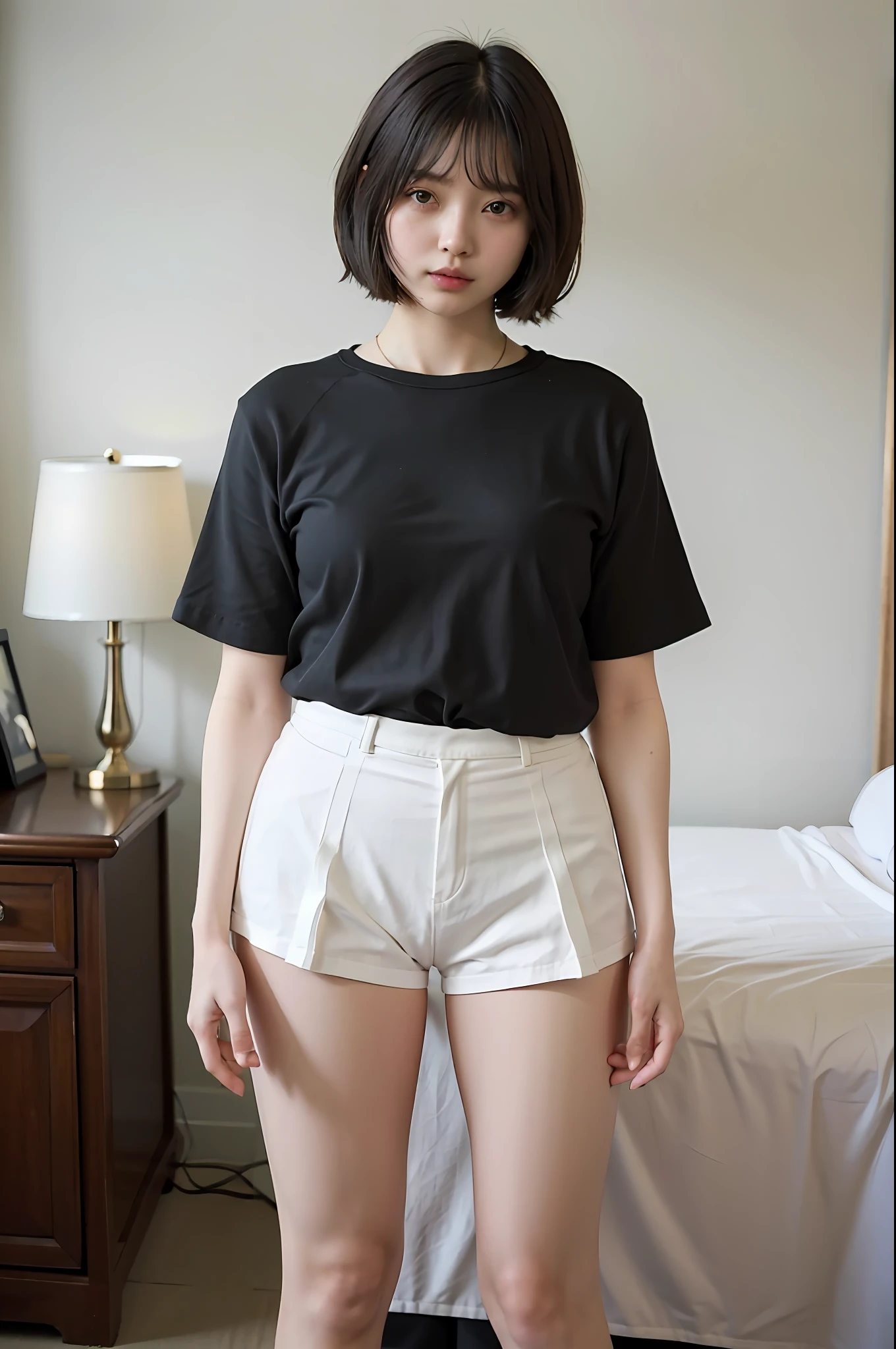 Low angle shot, own room, in underwear, alafed asian woman in underwear, cute schoolgirl, Japan girl, white underwear, surreal schoolgirl, high school girl, surreal schoolgirl, girl in underwear, high school girl in underwear, middle of dressing, high school girl posing, full body, fair skin, small, pure white pants, show off, nice skin, glowing skin, nice thighs, shining thighs, shining legs, bob cut hair,