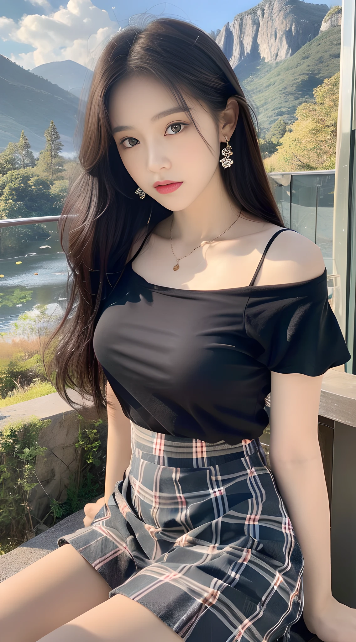 High detail, 8k resolution, super high resolution, best picture quality, beautiful girl, lipstick, love pupil, peerless beauty, straight long black hair draped, smooth hair, collarbone, delicate necklace, rich and beautiful makeup, exquisite and perfect facial features, jewel-like big eyes, blush, sweet, medium long hair, straight hair, ((cute short-sleeved T-shirt, plaid hip skirt)), sitting, beautiful details sky, beautiful scenery, close to the viewer, dynamic angle, ultimate picture quality, highest precision, real, hyper-real,