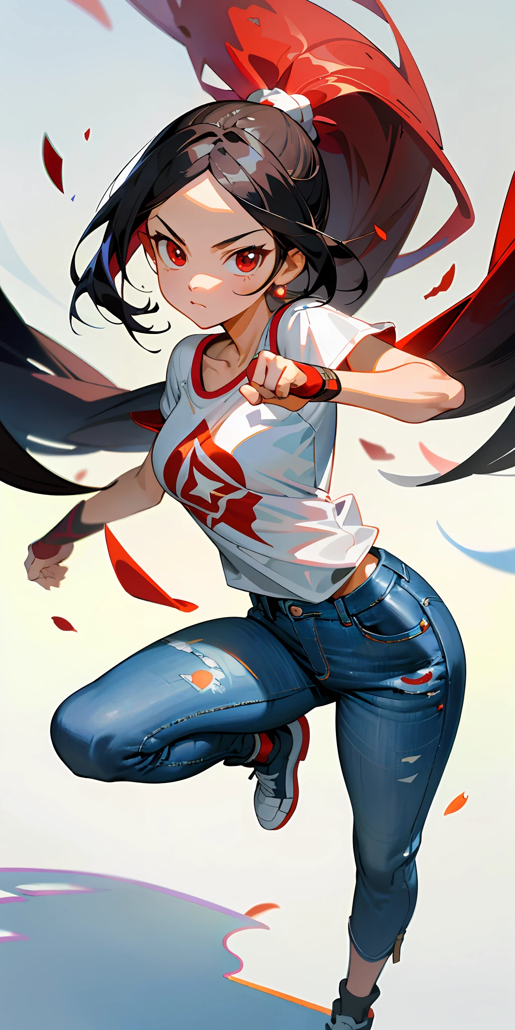 :: comix style by Serg Acuna:: beautiful, perfect and detailed, ultra detailed anime style mmorpg last origin clothes with tatoon designs and colors of light pink, black, white and gray, in various full-body attack poses and with immersive effects, hover effect, background graffiti style with vibrant colors "ultra HDR" detailed and with focus effect, with black all star converse sneakers (masterpiece: 1.2, best quality), (finely detailed beautiful eyes: 1.2),extremely detailed, depth of field,shot with Canon EOS,lens 135mm f1.8,portrait of [x]((1Girl Kelly Brook Beautiful Woman )),long hair, straight and black,with a natural sheen and stuck like ponytail ((Solo)), (Red eyes:1.4), (Finely detailed eyes and detailed face:1.3), ), (With ULTRA DETAILED jeans and a white t-shirt with full ultra detailed tatoom print:1.3), (Beautiful and clear background:1.2), (Extremely detailed CG, Ultra-detailed, Best Shadow:1.1),("" character demonstrating his super power in the fist"")((Depth of field and blur)), ((Watercolor)), Large breasts, Bare shoulders, Flowers and petals, Beautiful conceptual illustration , (White background:0.5), (Illustration :1.1),  (extremely fine and beautiful: 1.1), (perfect details: 1.1) graffiti style background, freedom, soul, digital illustration, perfect anatomy, centered,