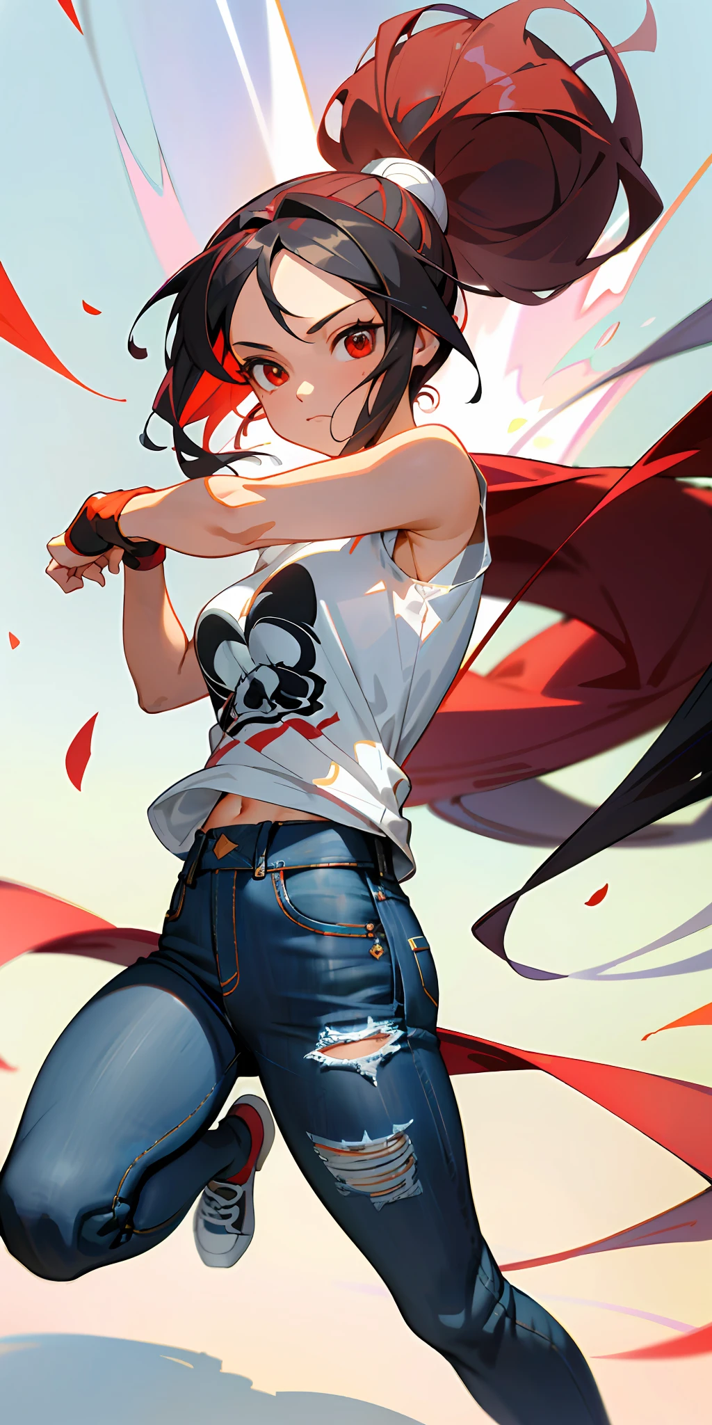 :: comix style by Serg Acuna:: beautiful, perfect and detailed, ultra detailed anime style mmorpg last origin clothes with tatoon designs and colors of light pink, black, white and gray, in various full-body attack poses and with immersive effects, hover effect, background graffiti style with vibrant colors "ultra HDR" detailed and with focus effect, with black all star converse sneakers (masterpiece: 1.2, best quality), (finely detailed beautiful eyes: 1.2),extremely detailed, depth of field,shot with Canon EOS,lens 135mm f1.8,portrait of [x]((1Girl Kelly Brook Beautiful Woman )),long hair, straight and black,with a natural sheen and stuck like ponytail ((Solo)), (Red eyes:1.4), (Finely detailed eyes and detailed face:1.3), ), (With ULTRA DETAILED jeans and a white t-shirt with full ultra detailed tatoom print:1.3), (Beautiful and clear background:1.2), (Extremely detailed CG, Ultra-detailed, Best Shadow:1.1),("" character demonstrating his super power in the fist"")((Depth of field and blur)), ((Watercolor)), Large breasts, Bare shoulders, Flowers and petals, Beautiful conceptual illustration , (White background:0.5), (Illustration :1.1),  (extremely fine and beautiful: 1.1), (perfect details: 1.1) graffiti style background, freedom, soul, digital illustration, perfect anatomy, centered,