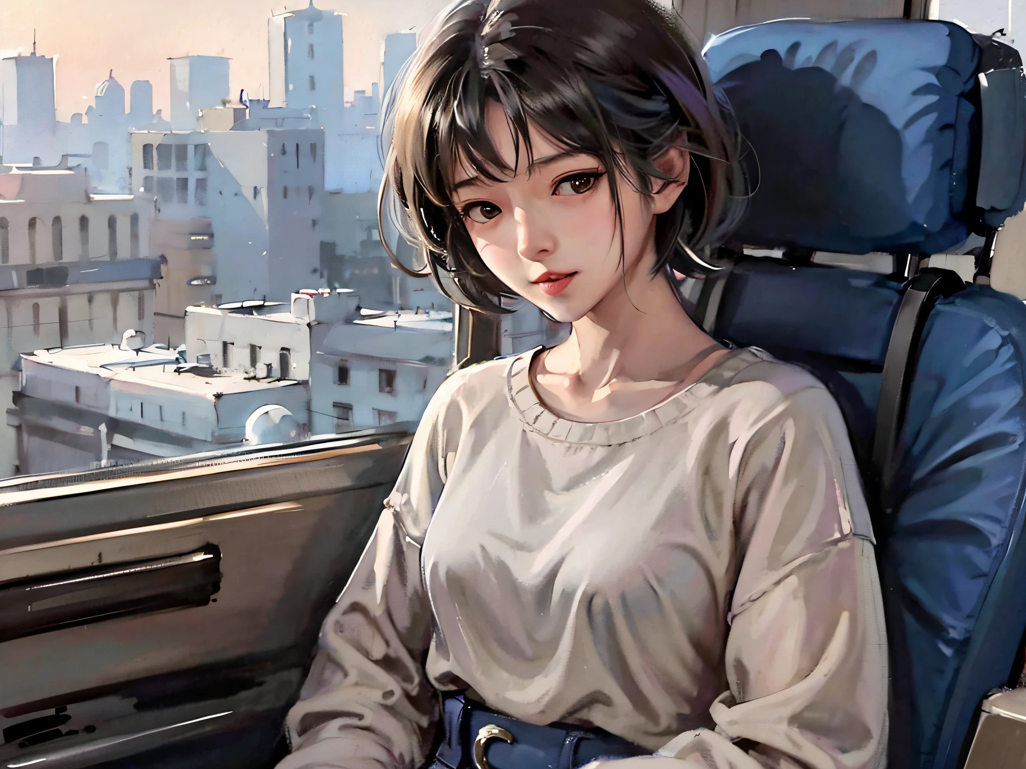 anime girl sitting on a train looking out the window, beautiful anime girl, artwork in the style of guweiz, attractive anime girl, realistic anime 3 d style, portrait anime girl, anime style. 8k, anime style 4 k, young anime girl, realistic anime artstyle, beautiful anime portrait, anime realism style, lofi portrait at a window