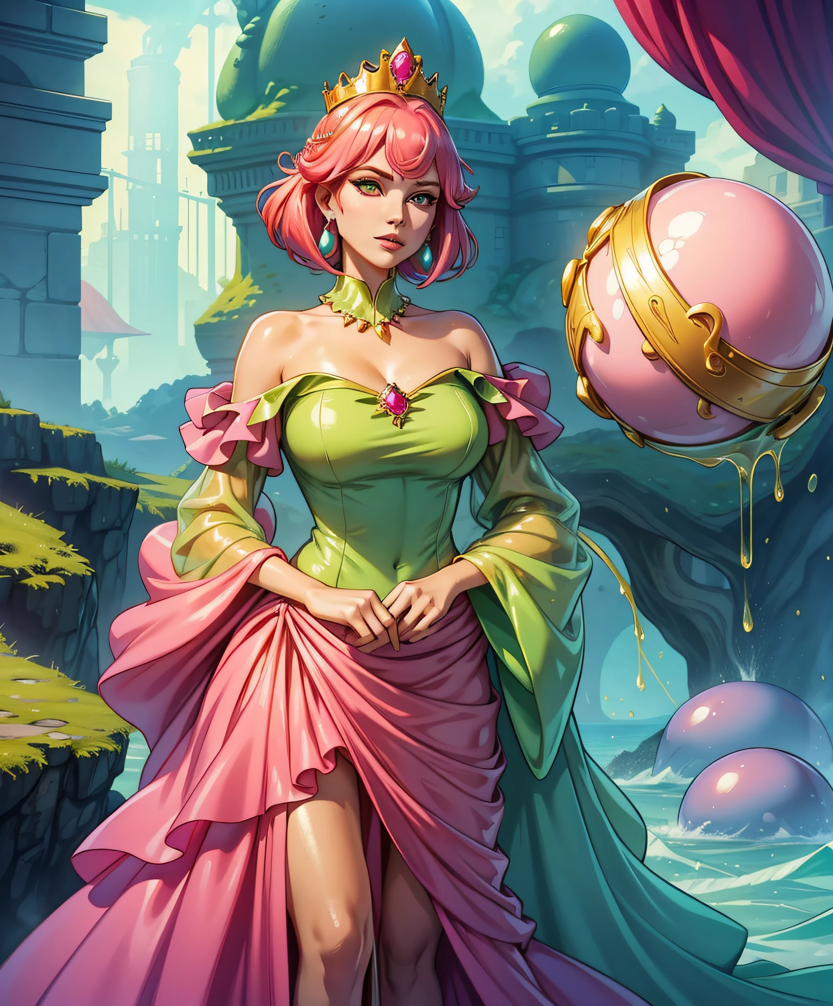 Slime girl, (slime), redwood hair Shag cut style, pink princess ball gown with a sea-green gem, sea-green round earrings, golden crown with a ruby, Masterpiece, Best Quality