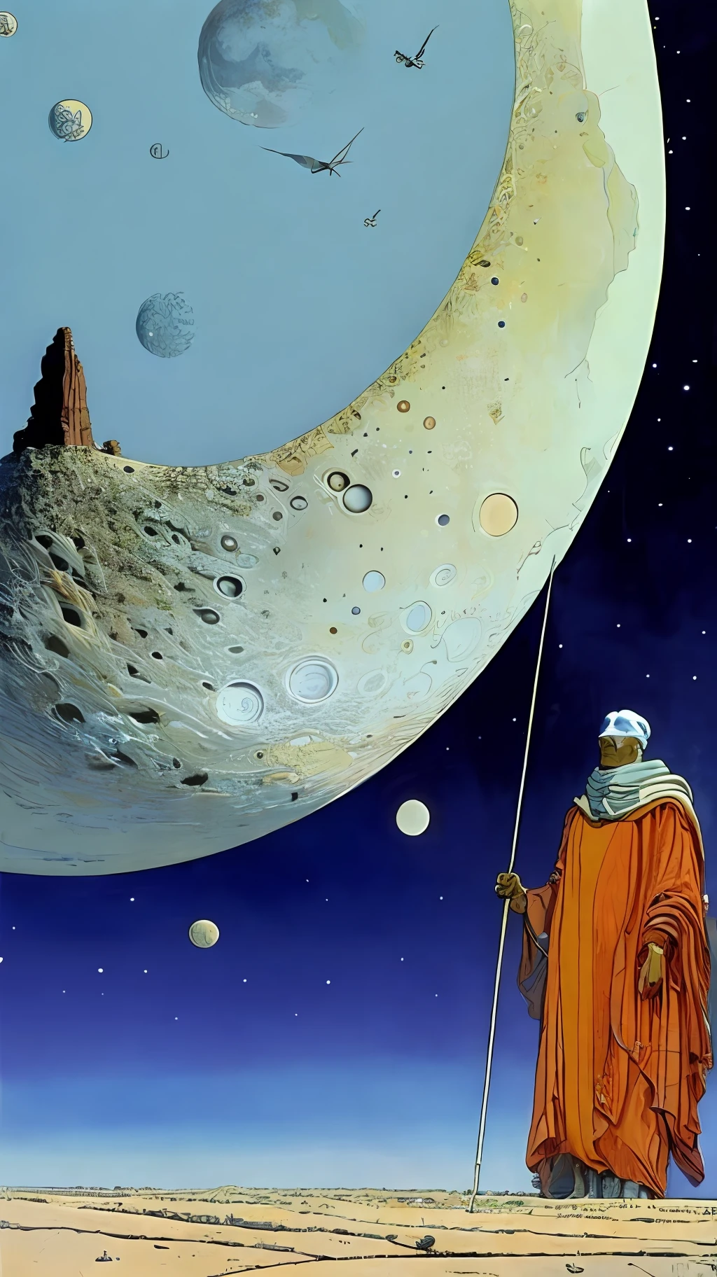 A painting by Moebius Jean Giraud, a giant moon