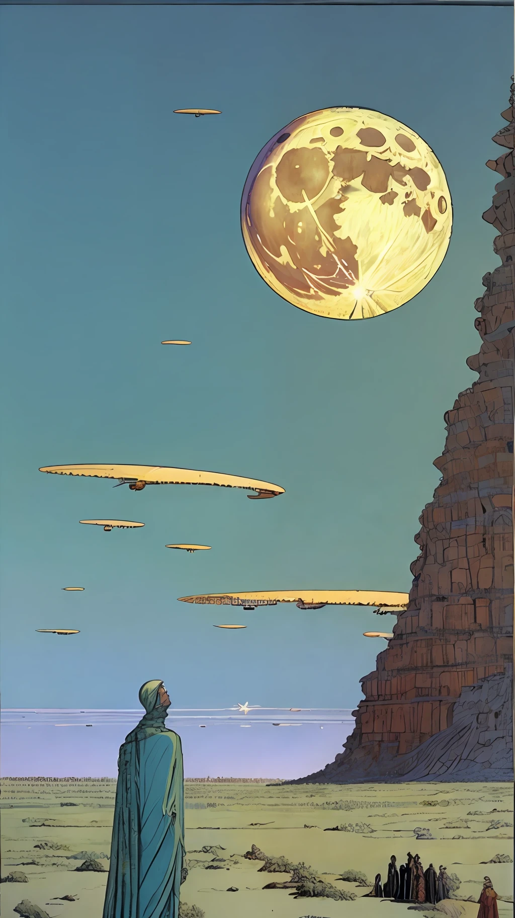 A painting by Moebius Jean Giraud, a giant moon