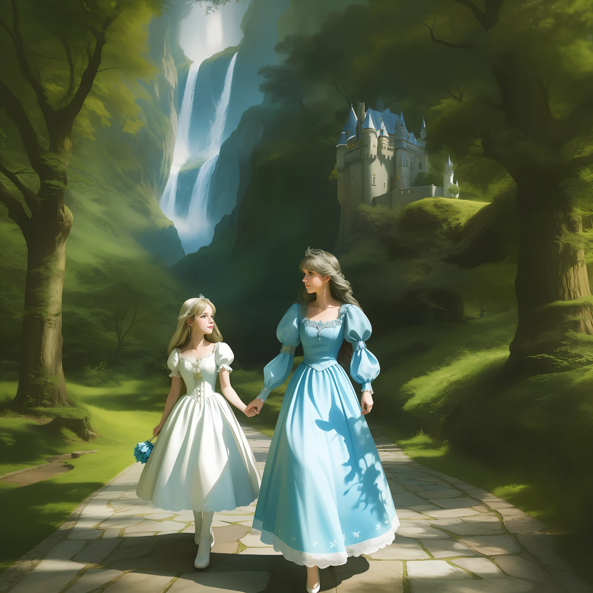 there is a beautiful woman in a white dress standing in front of a castle, detailed face, beautiful render of a fairytale, fantasy fairytale story, walking in a castle, romantic storybook fantasy, retro and fantasy style, standing near a castle, nostalgia for a fairytale, nostalgia of a fairytale, fairy tale style background, portrait of magical ta girl, fairytale style, fantasy photoshoot, cinematic, chiaroscuro