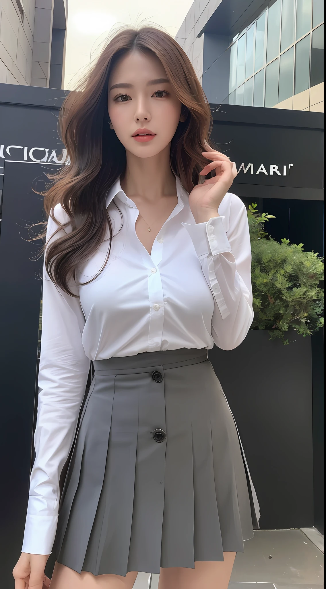 (Best quality, High resolution, Masterpiece :1.3), A tall and pretty woman, Slender abs, Dark brown hair styled in loose waves, Breasts, White button up shirt, Black pleated skirt, (Modern architecture in background), Details exquisitely rendered in the face and skin texture, Detailed eyes, Double eyelid