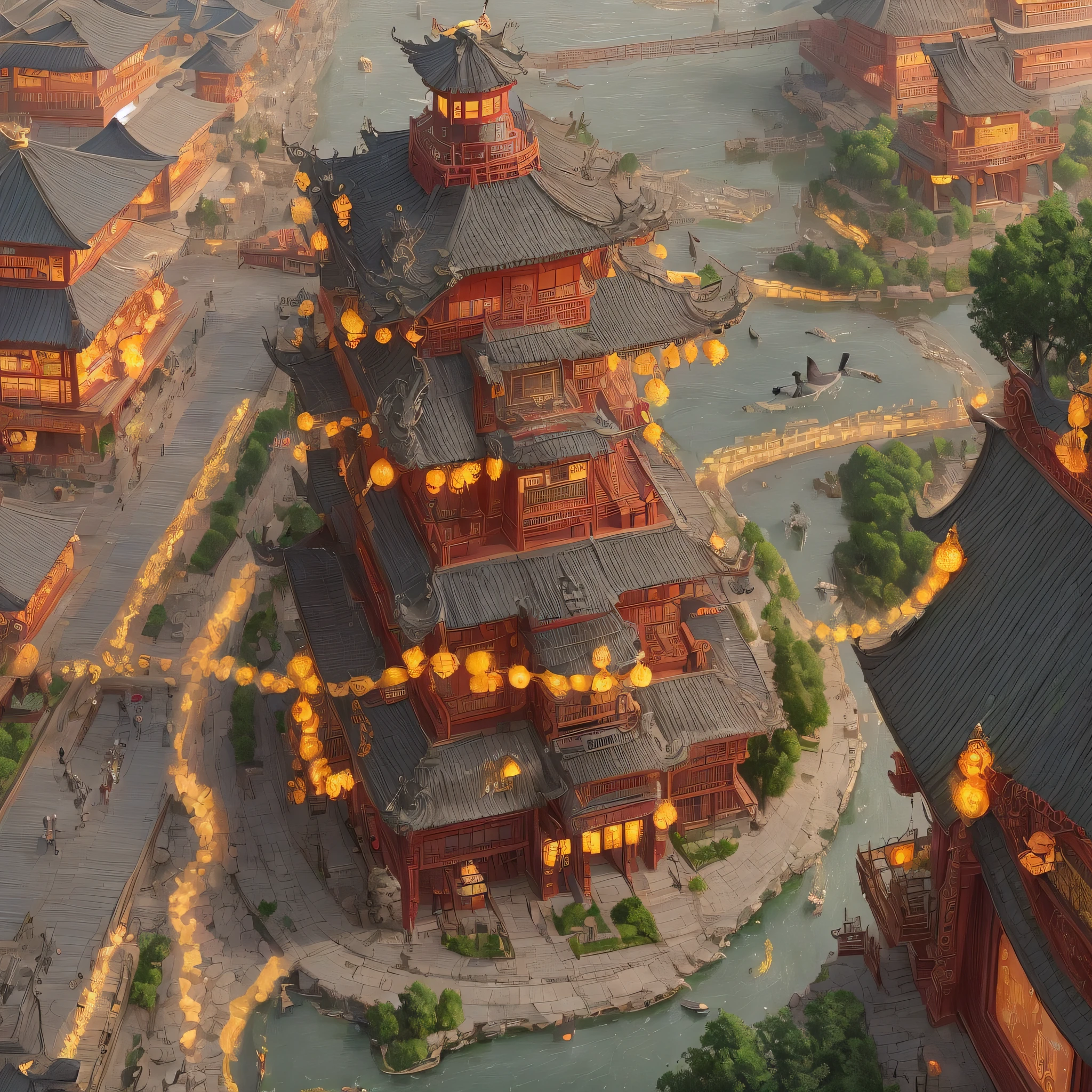 Hanshan Temple outside Gusu City, the midnight bell to the passenger ship, superb, masterpiece, illustration, wallpaper, absurd, bird's eye view, bird's eye view: 0.3