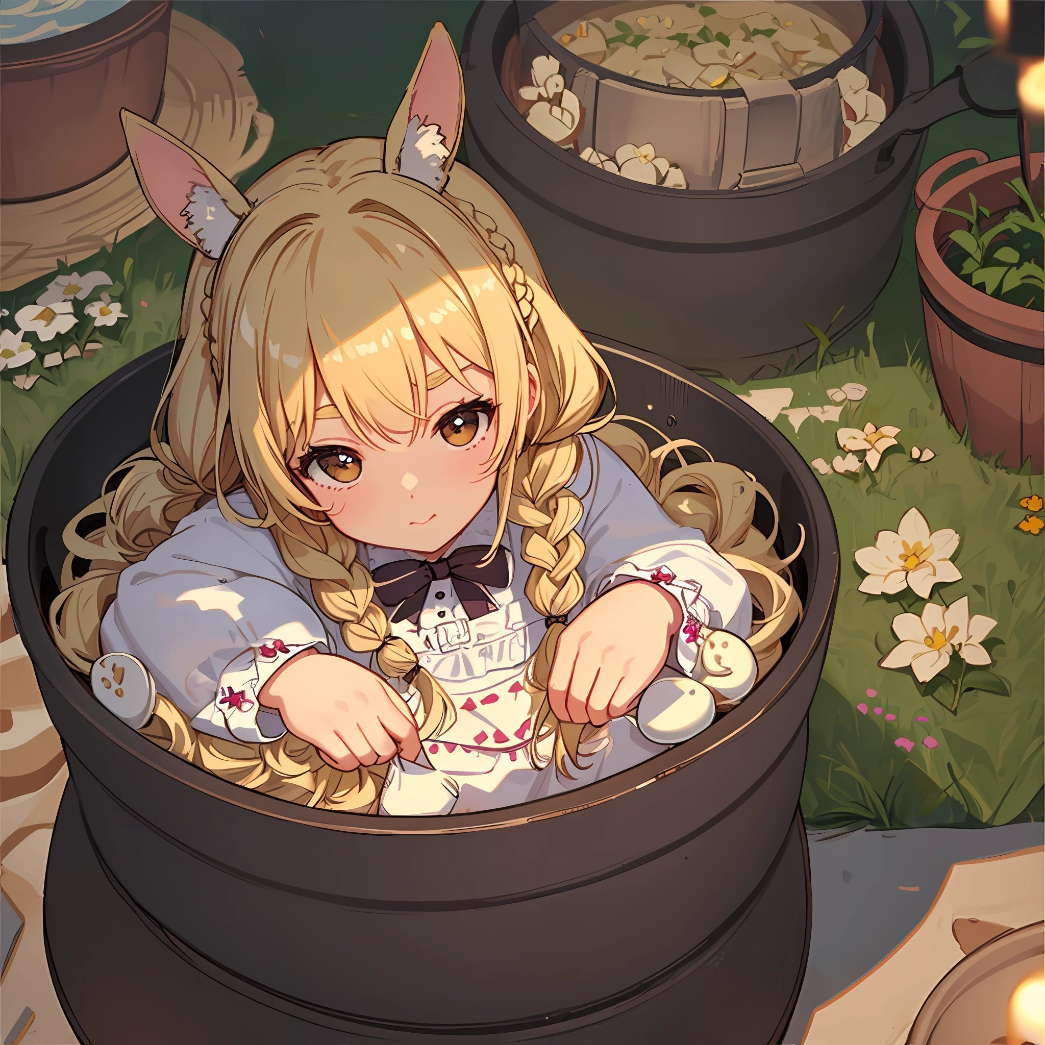 Curled up in a pot and sleeping, focus from overhead, small, female brat, thick eyebrows, thin waist, pigtails, beautiful blonde hair, braids, rabbit ears, (masterpiece), ((best quality)), (super detailed), girl, clean and detailed face, five fingers, textile shading, perfect human body structure, perfect anatomy,