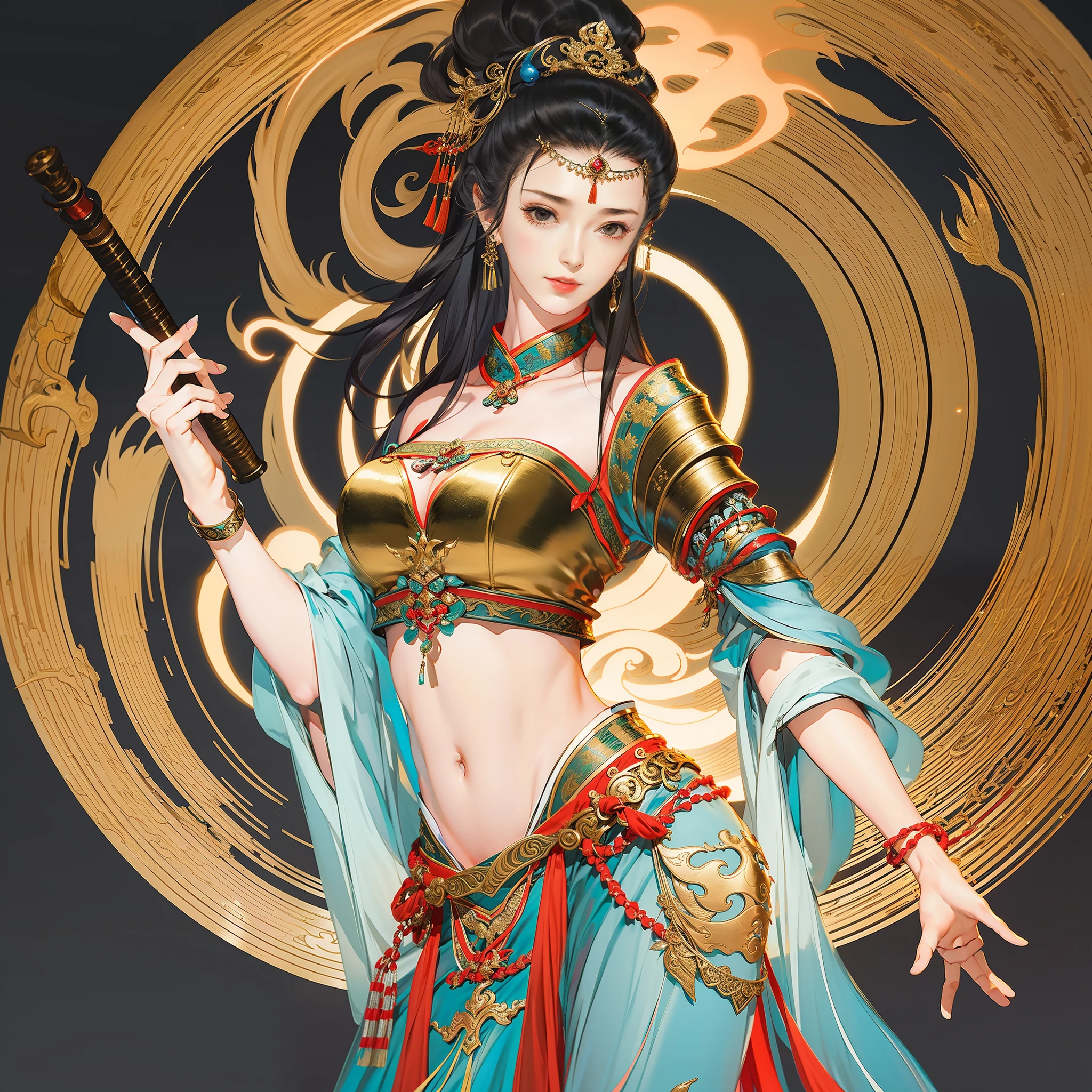 An ancient Chinese girl wearing an Indian dress, full body portrait, exposed shoulders and navel, hugging a pipa, exotic, 3d model, dancing, amazing facial features, game model, stunning lighting, C4D, OC renderer, pure black background, movie edge light, fine light, masterpiece, super detail, epic composition, super hd, high quality, highest quality, 32k