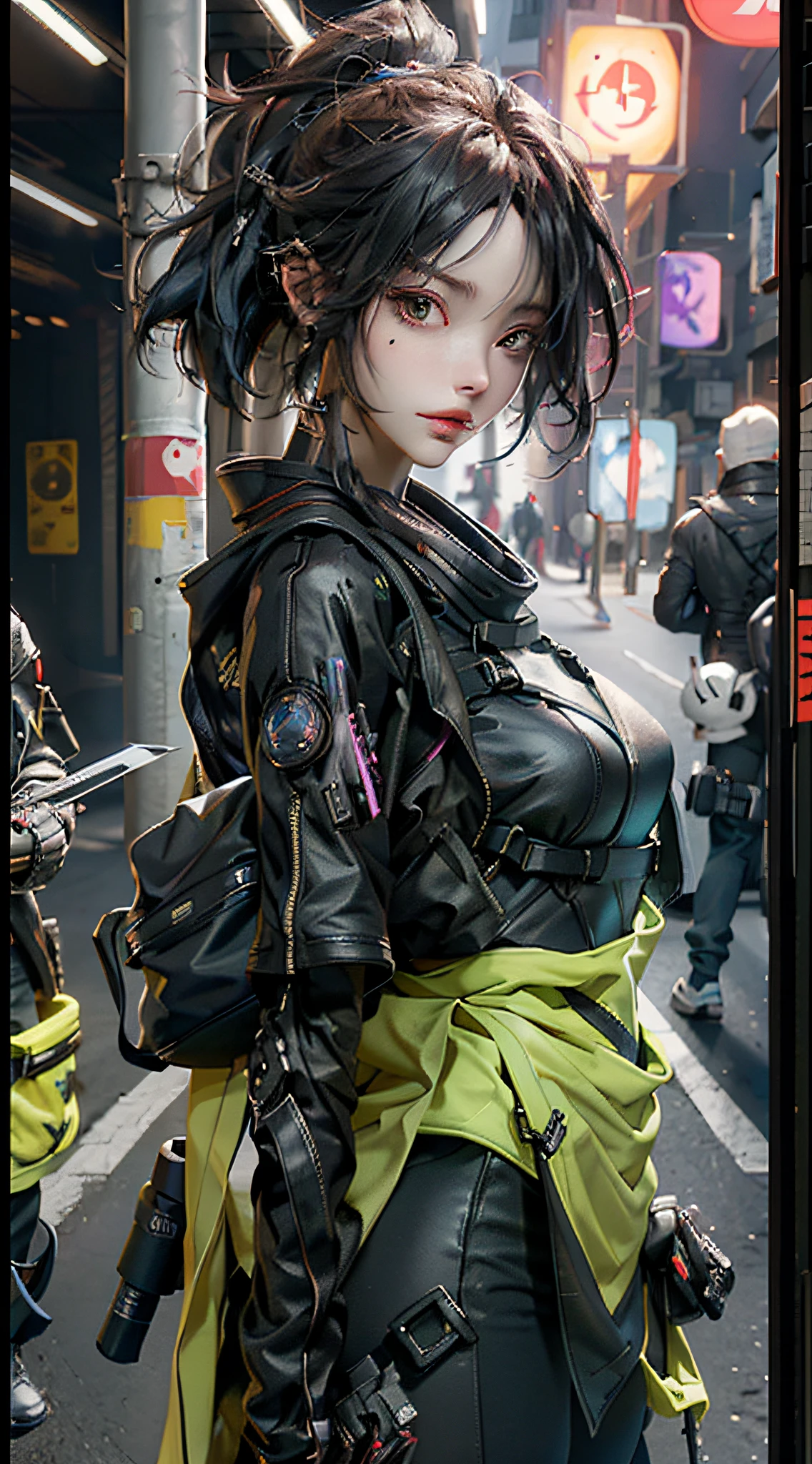 2D, a cyberpunk female figure with a side face, carrying a black backpack, perfect proportions, PBR texture, post-processing, anisotropic filtering, depth of field, maximum sharpness and clarity, multi-layered texture, albedo and highlight maps, surface shading,