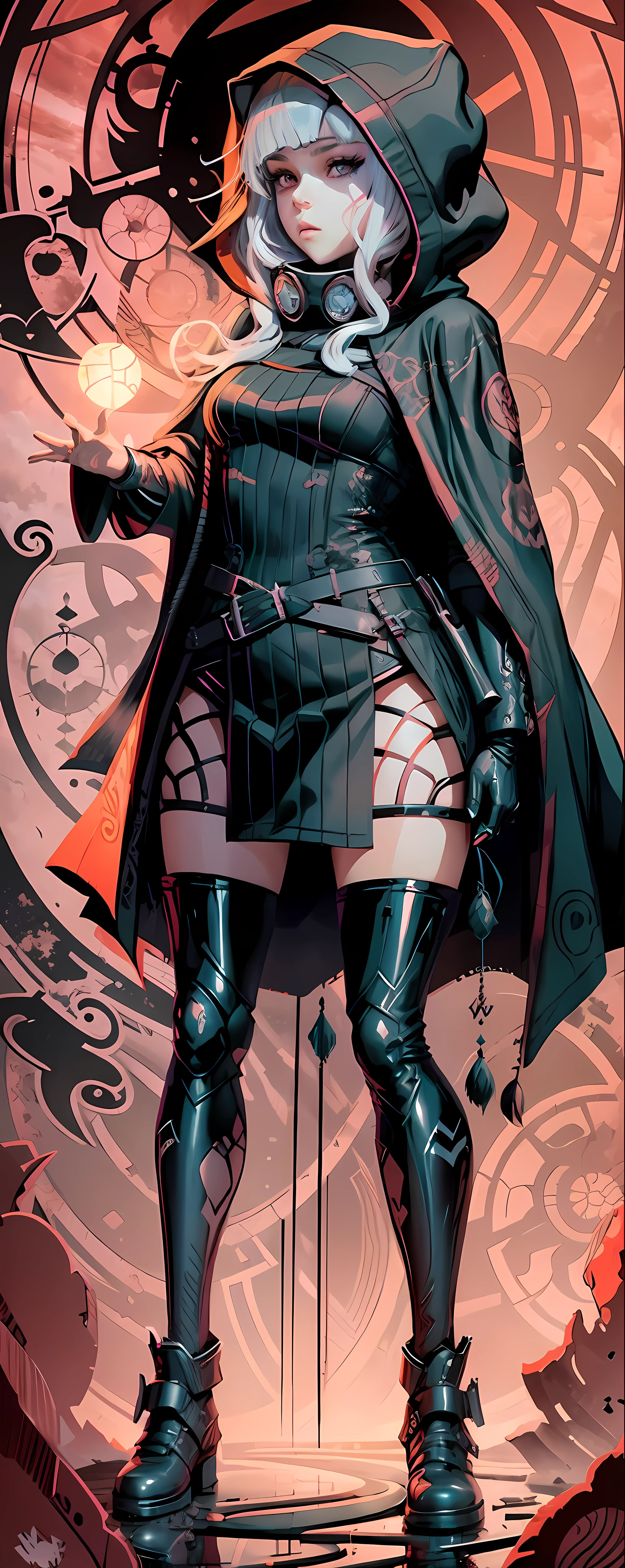 best quality, (scenery:1.3), solo, face focus, anatomy, beautiful face, 1 girl, girl in closed hooded cloak, detailed anime eyes, (look at veiwer:1.2), sots art (horror themes:1), vector, stencils art