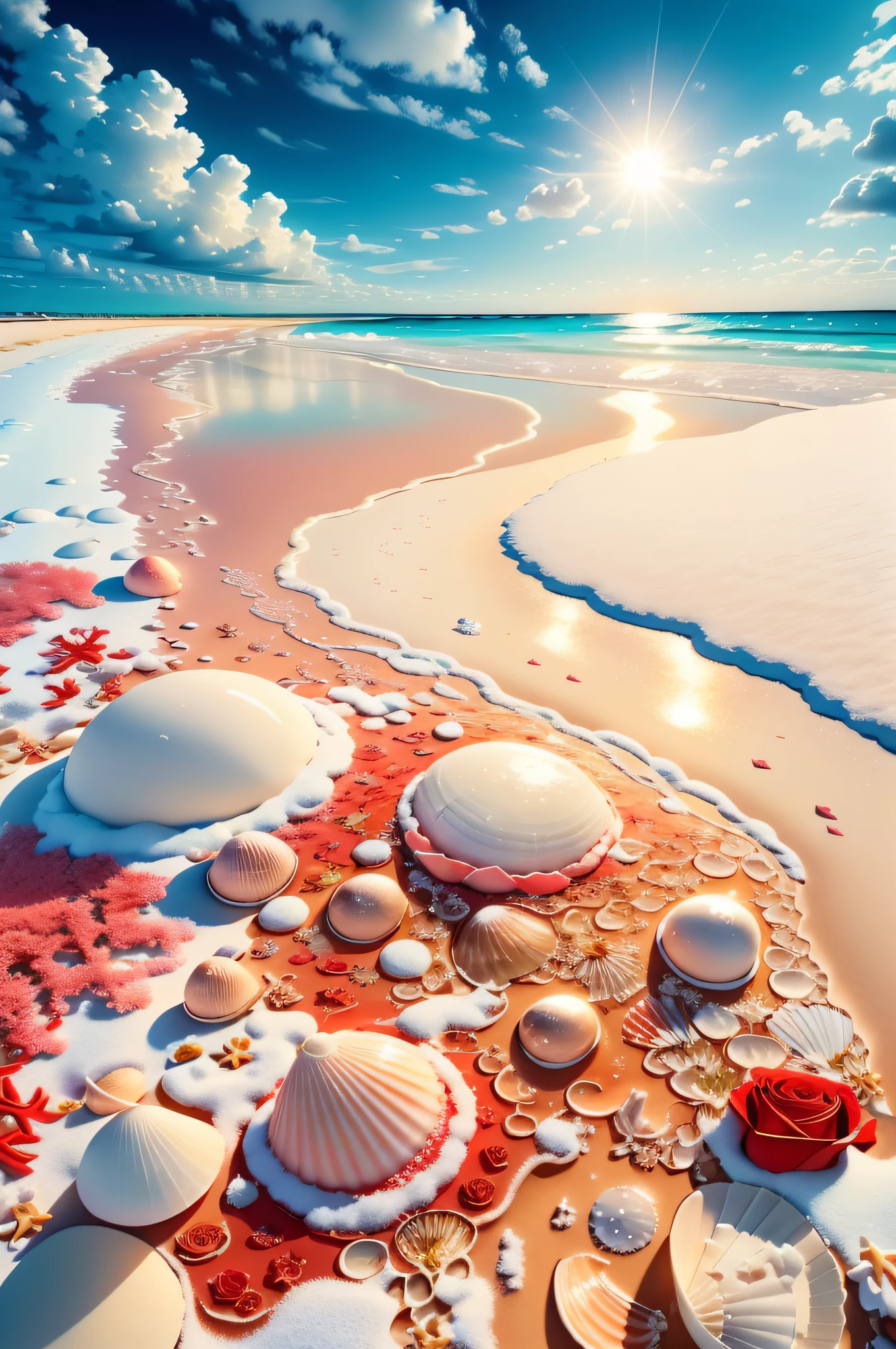 delicate scene,depth of field, 8K, The ivory sky,white clouds,and sunlight shine on the snow-white beach. The coral sea,and many colorful tinny shells on the beach,red roses, roses focus,