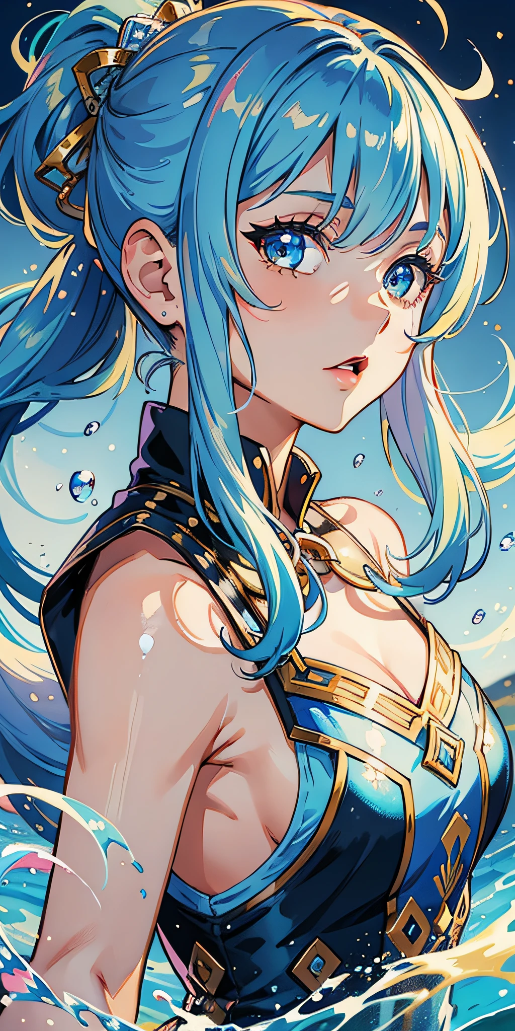 (ultra detailed), (disheed hair), (1girl), (Fashionable clothing), standing, Fashion model, looking at viewer, beautifully detailed eyes, Delicate beauty, float, (High saturation), (Colorful splash), Colorful bubbles, (Shine), Focus on the face, ponytail, Ayaka Kamisato, Light blue hair, bangs, Hair rings, Floating flowers, flowing hair, (Shiny), Best Illumination, best shadows, (illustration), (masterpiece), (best quality), award winning