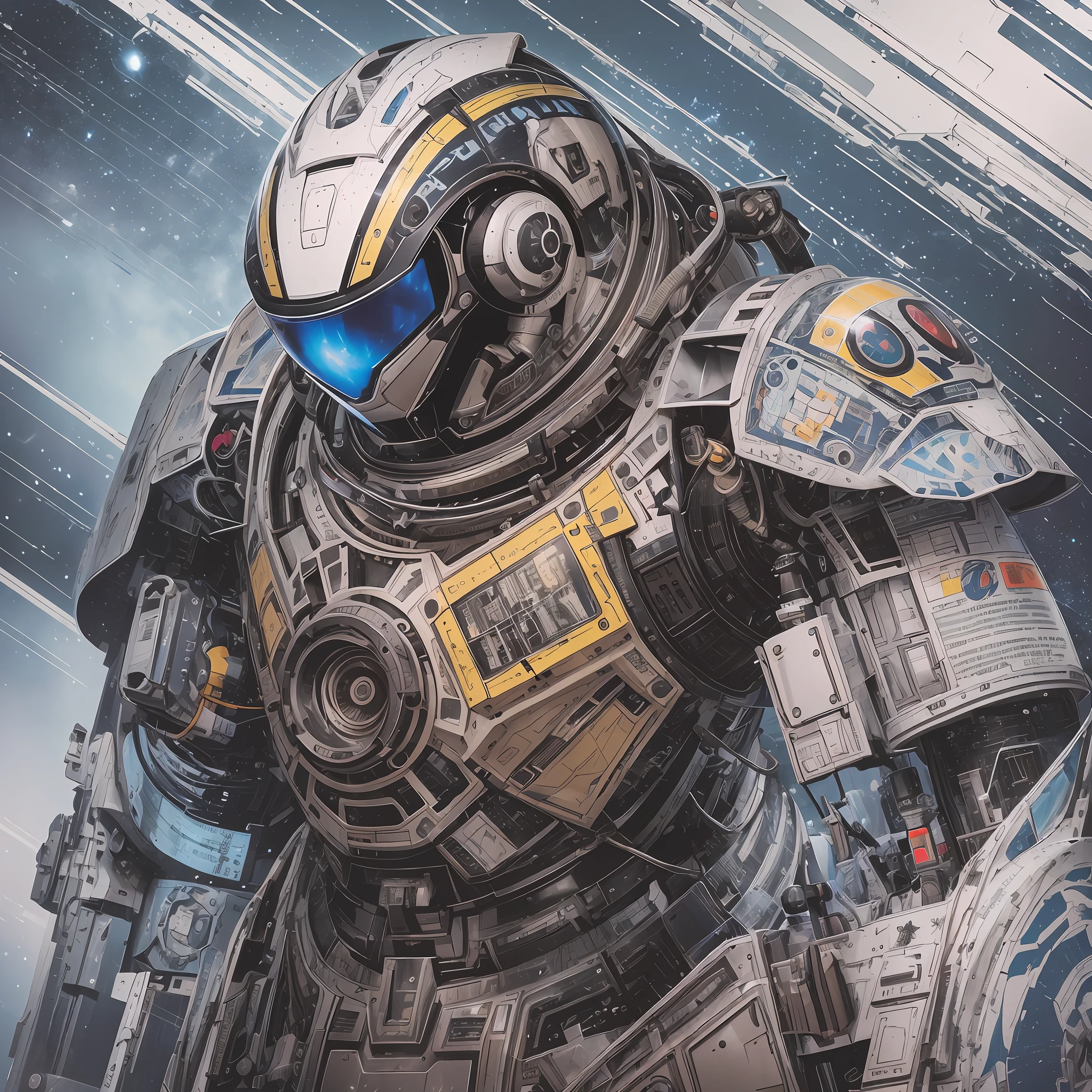 Two-color sci-fi space machine, standing on front, detailed hand-drawn sketches, rich details, line drawings, mecha, precise painting, multi-layered textures --AR 9:18 --niji 5 --q 2 --s 750 --v 5 --auto --s2