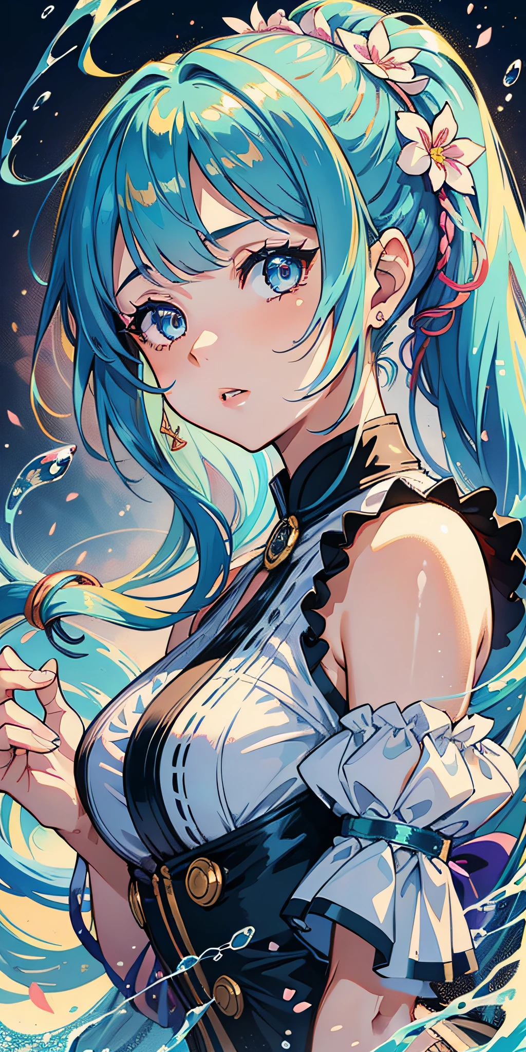 (ultra detailed), (disheed hair), (1girl), (Fashionable clothing), standing, Fashion model, looking at viewer, beautifully detailed eyes, Delicate beauty, float, (High saturation), (Colorful splash), Colorful bubbles, (Shine), Focus on the face, ponytail, Ayaka Kamisato, Light blue hair, bangs, Hair rings, Floating flowers, flowing hair, (Shiny), Best Illumination, best shadows, (illustration), (masterpiece), (best quality), award winning