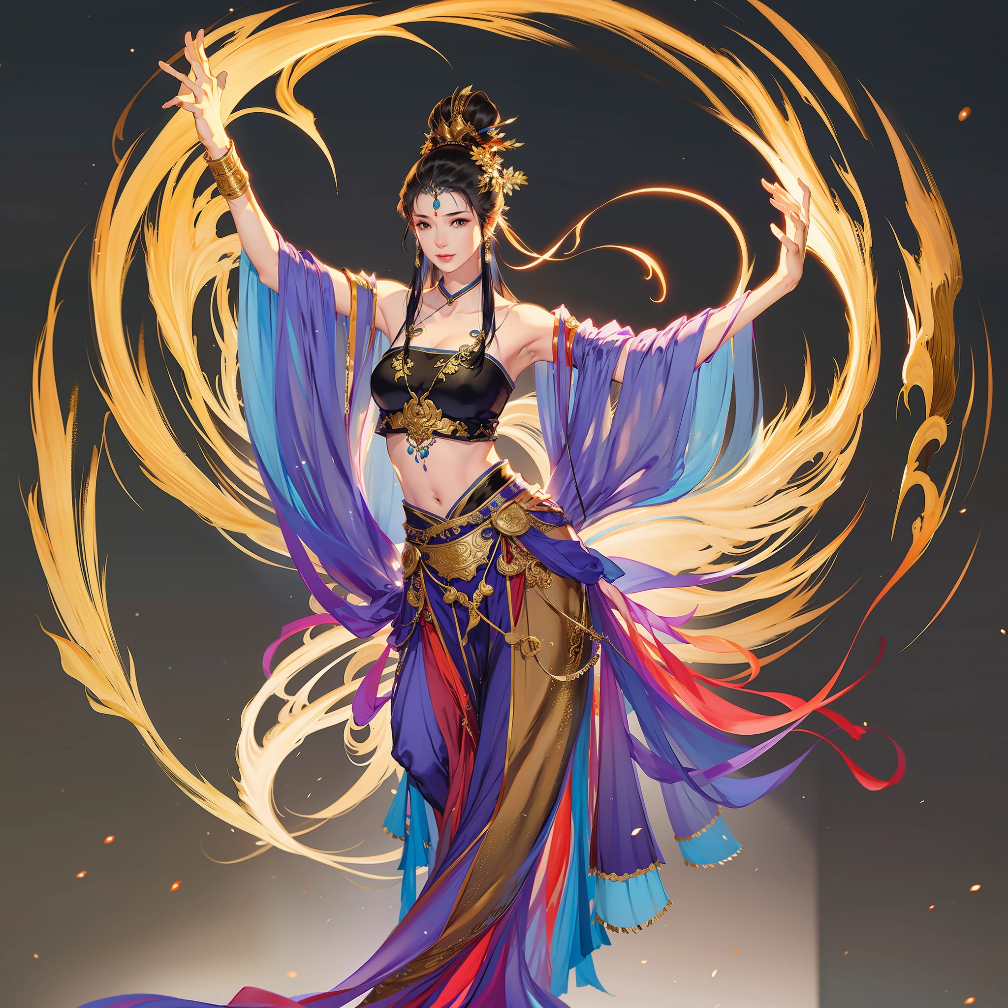 An ancient Chinese girl wearing an Indian dress, full body, exposed shoulders and navel, Dunhuang style, dancing, amazing facial features, 3d model, game model, stunning lighting, C4D, OC renderer, pure black background, movie edge light, fine light, masterpiece, super detail, epic composition, super hd, high quality, highest quality, 32k